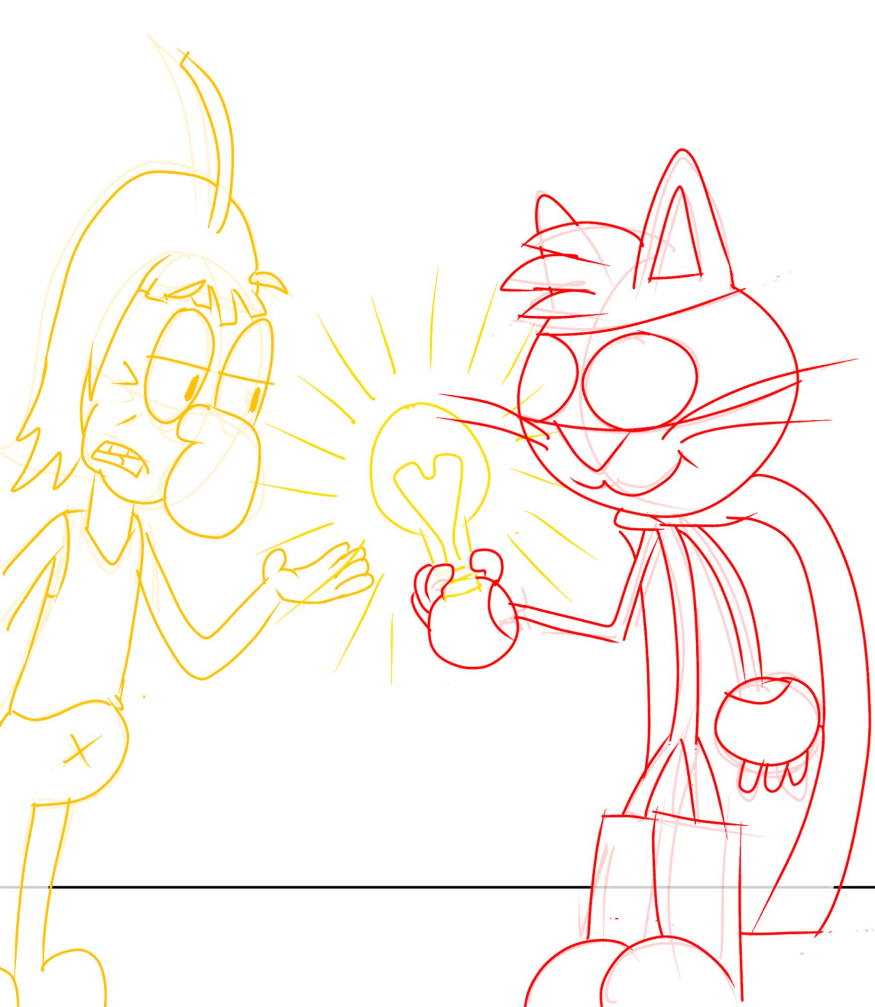 A sketch of 2 cartoon characters demonstrating a lightbulb.

The first character is a bipedal yellow creature of indeterminate species. He has a big round nose and shoulder-length hair with a cowlick. He is wearing a tank top shirt and is talking to the second character.

The second character is a bipedal cat in a superhero outfit. She is holding a glowing lightbulb and smiling.