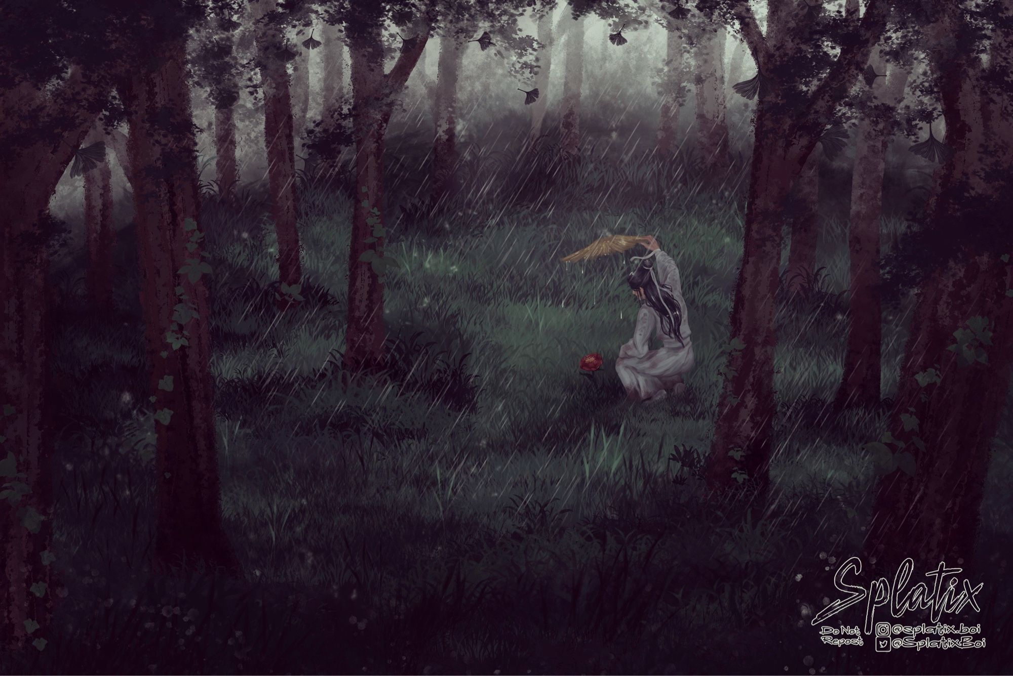 Digitally drawn artwork of Xie Lian from Heaven Official’s Blessing, crouched in the center of a forest clearing in the rain and fog. He is holding a bamboo hat over a red flower to shield it from the downpour.