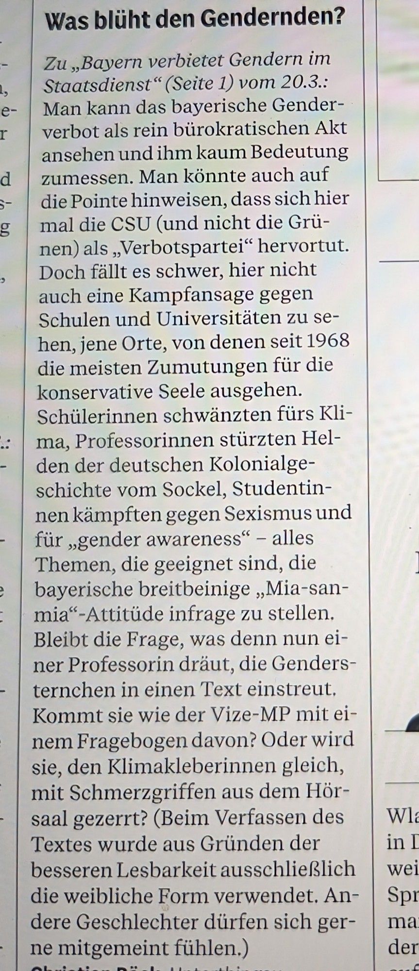 Leserbrief in der AA heute über  Genderverbot in Bayern.