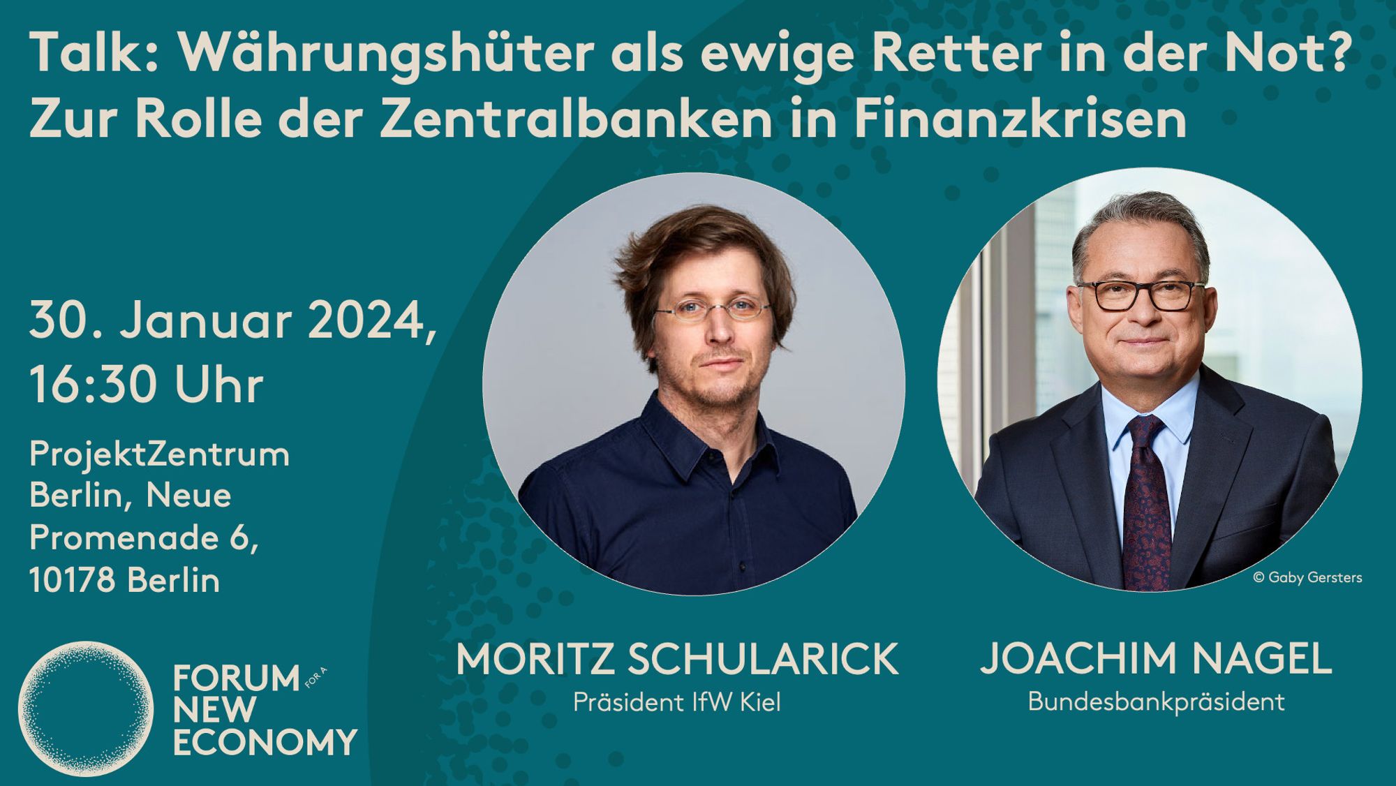 Bild mit Moritz Schularick und Joachim Nagel, textlicher Hinweis auf Diskussion über Zentralbanken am 30. Januar in Berlin.