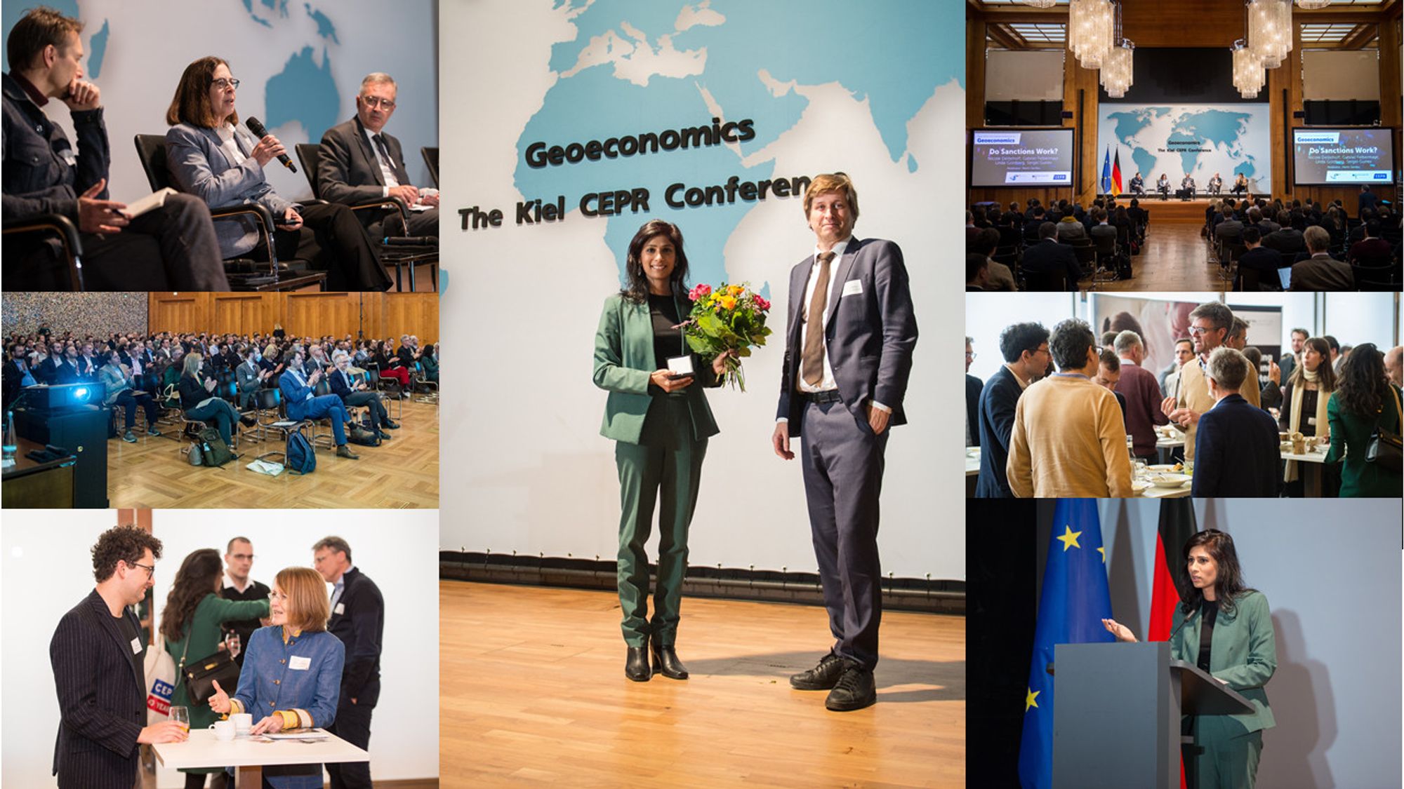 Collage with 7 pictures of the geoeconomics conference in Berlin on November 30, 2023 (Kiel Institute and CEPR at the Weltsaal of te Federal Foreign Office) © IfW Kiel | Tobias Rücker