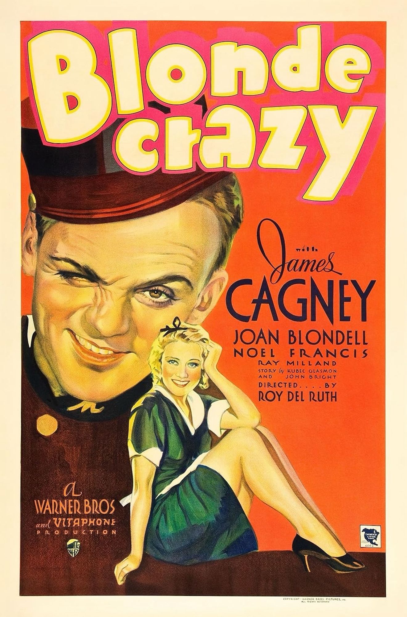 The poster from Blonde Crazy with James Cagney smiling smarmily on a smaller Joan Blondell who is dressed as a maid, on a red background