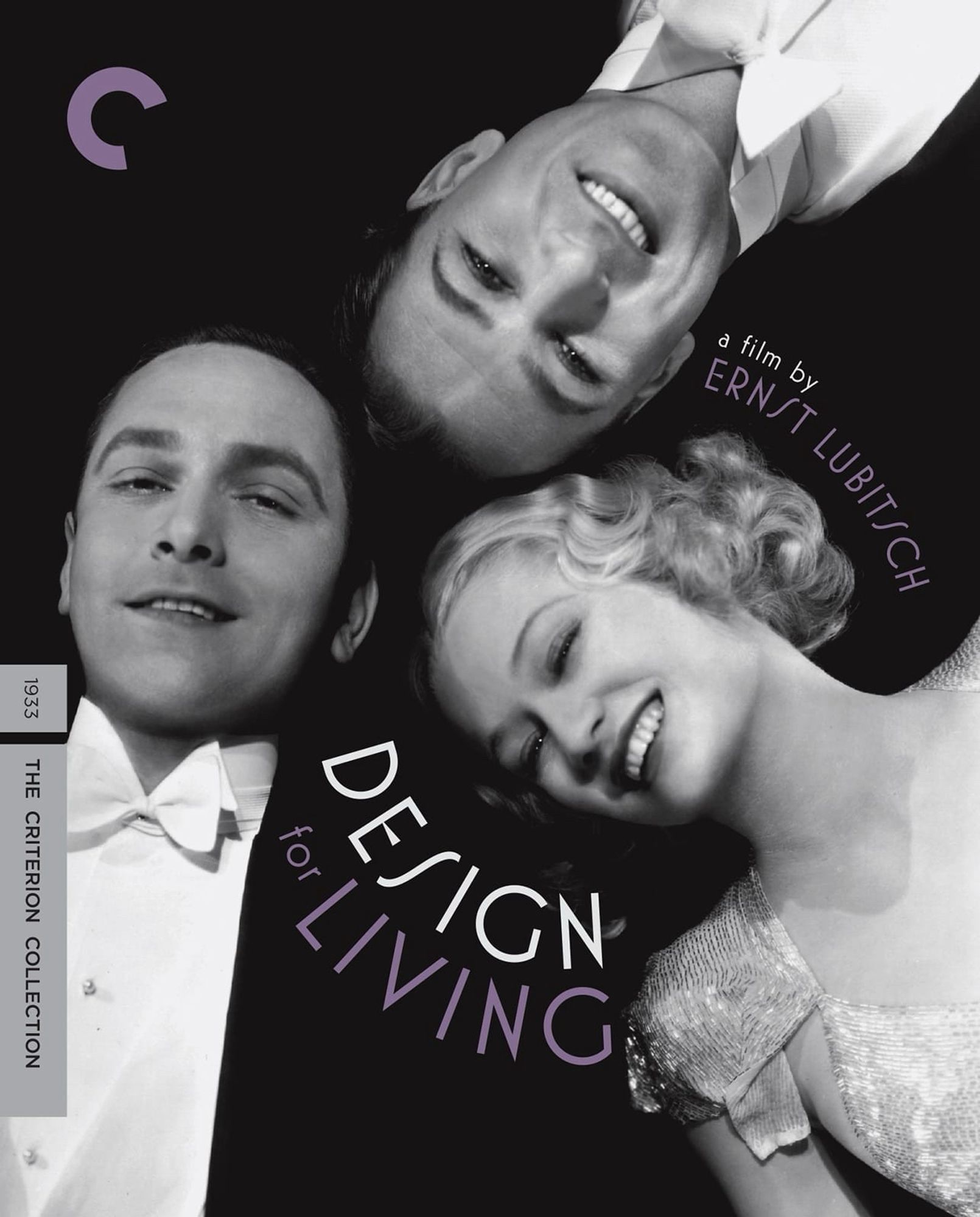 The black and white poster for Design for Living showing PreCodeApril stars Miriam Hopkins, Frederic March and Gary Cooper dressed up in dinner jackets and sparkly dresses, lying with their heads in a circle