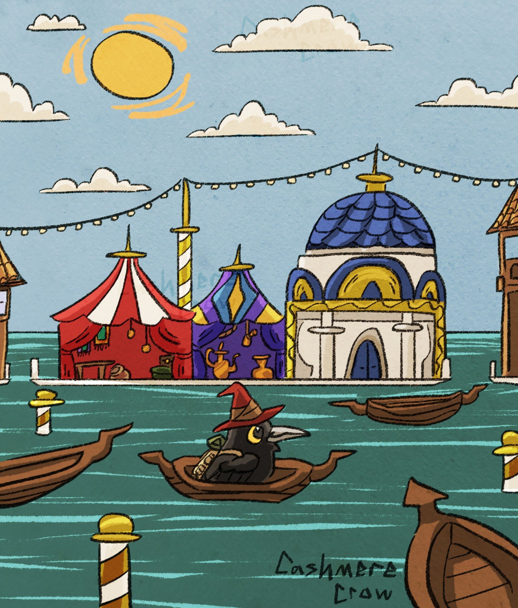 A crow wizard travels along the water in a Venice style city during the day. There are boats in the water and tents set up for the upcoming carnival.