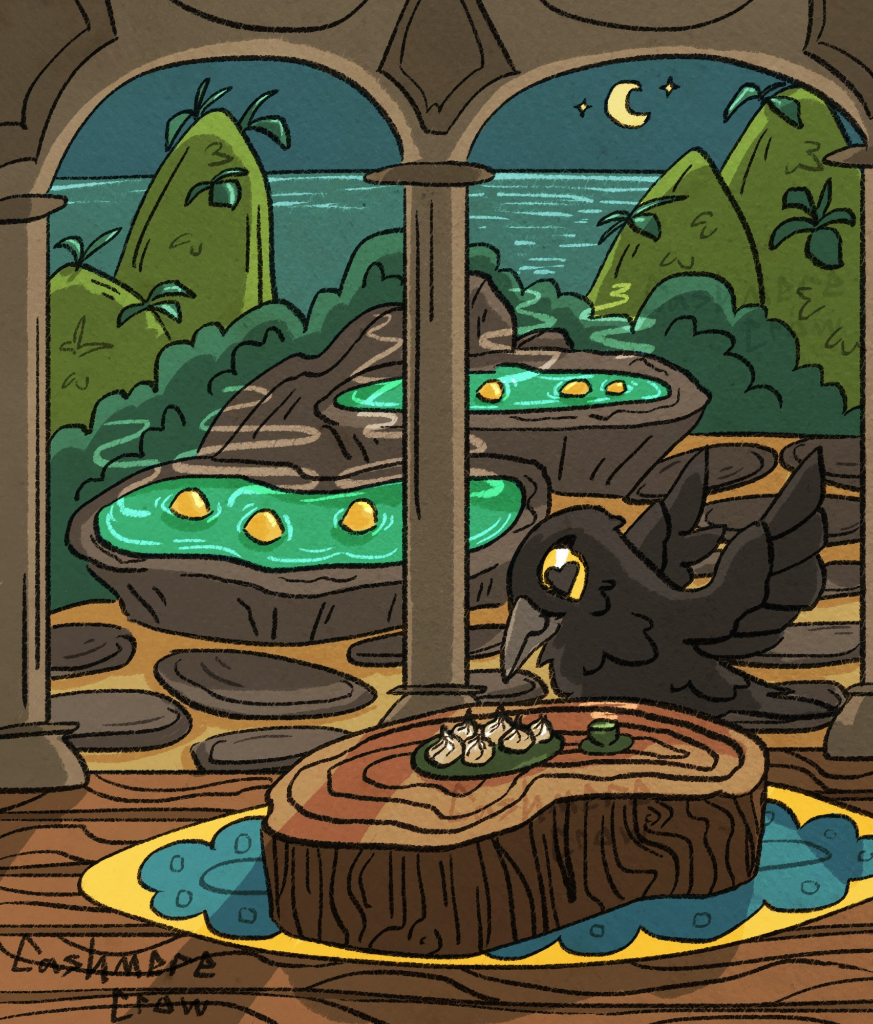 A crow comes into a dwelling to eat dumplings at night after a long day of relaxing at a spa resort.