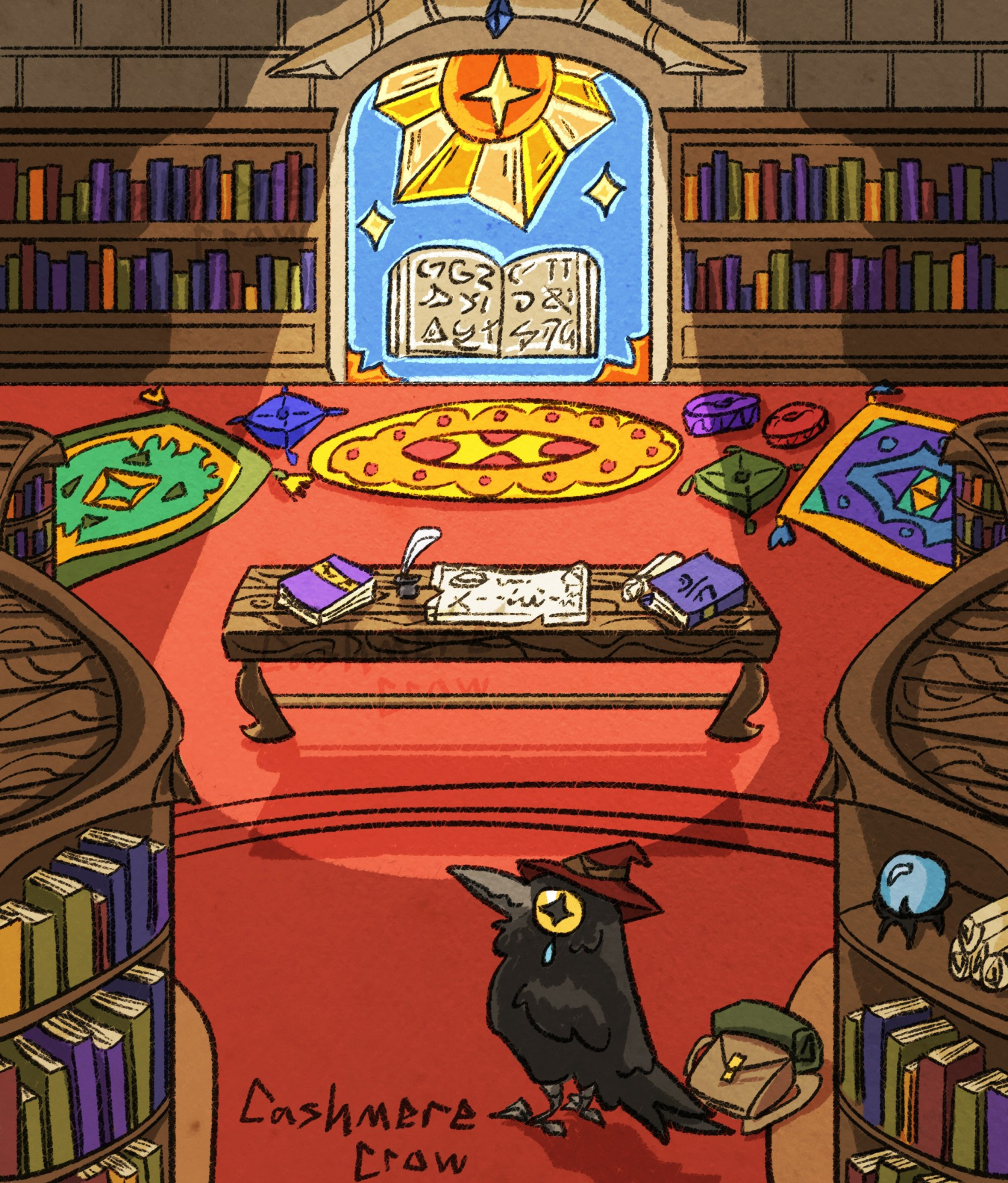 A crow shedding a tear of joy upon discovering a beautiful library filled with old books. There is a bright stained glass window lighting up the whole room with bright rugs and cushions.