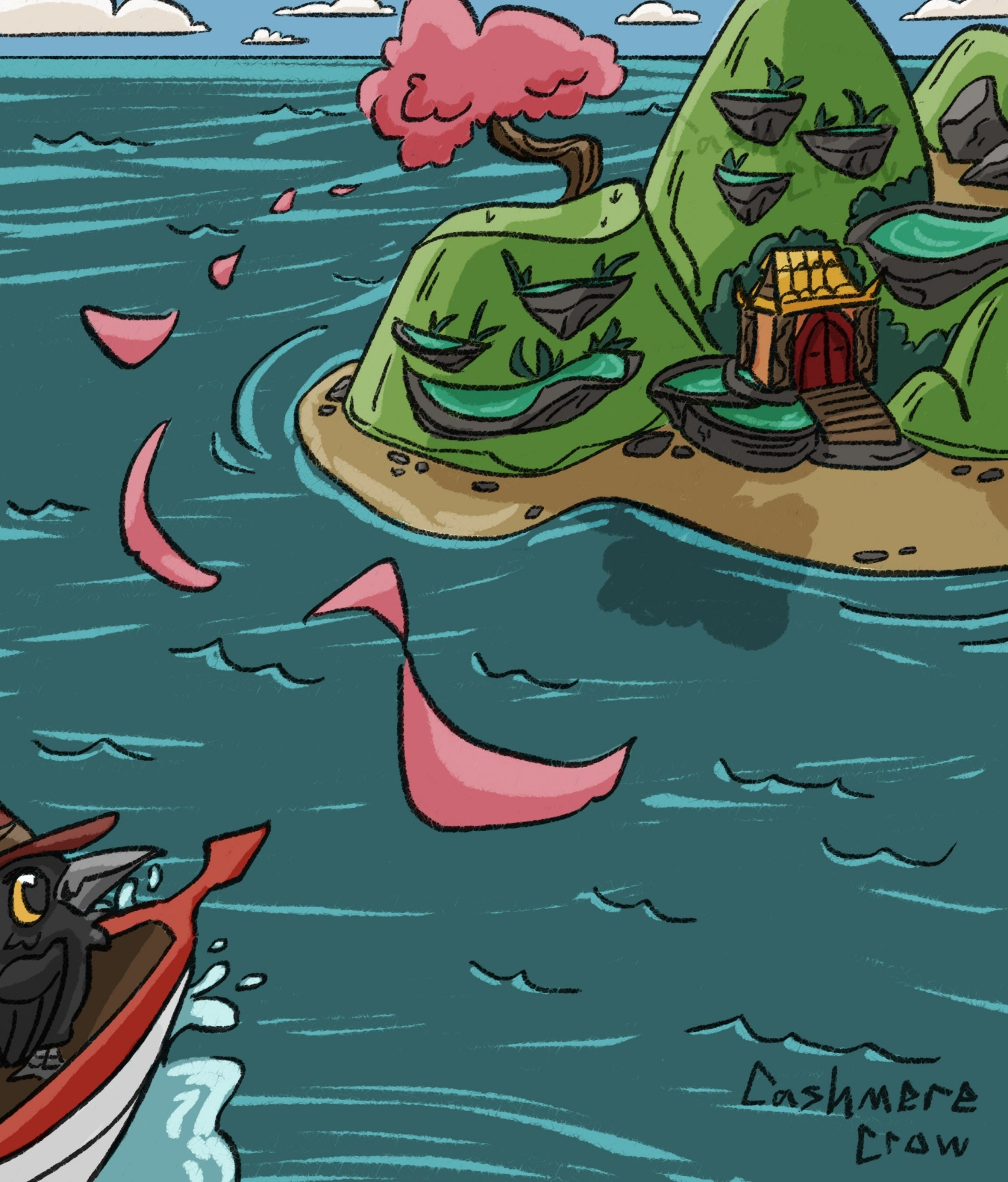 A wizard crow sailing on a boat toward an island filled with natural hot springs and a small dwelling. The island is lush and features a large cherry blossom tree in bloom with petals blowing in the breeze.