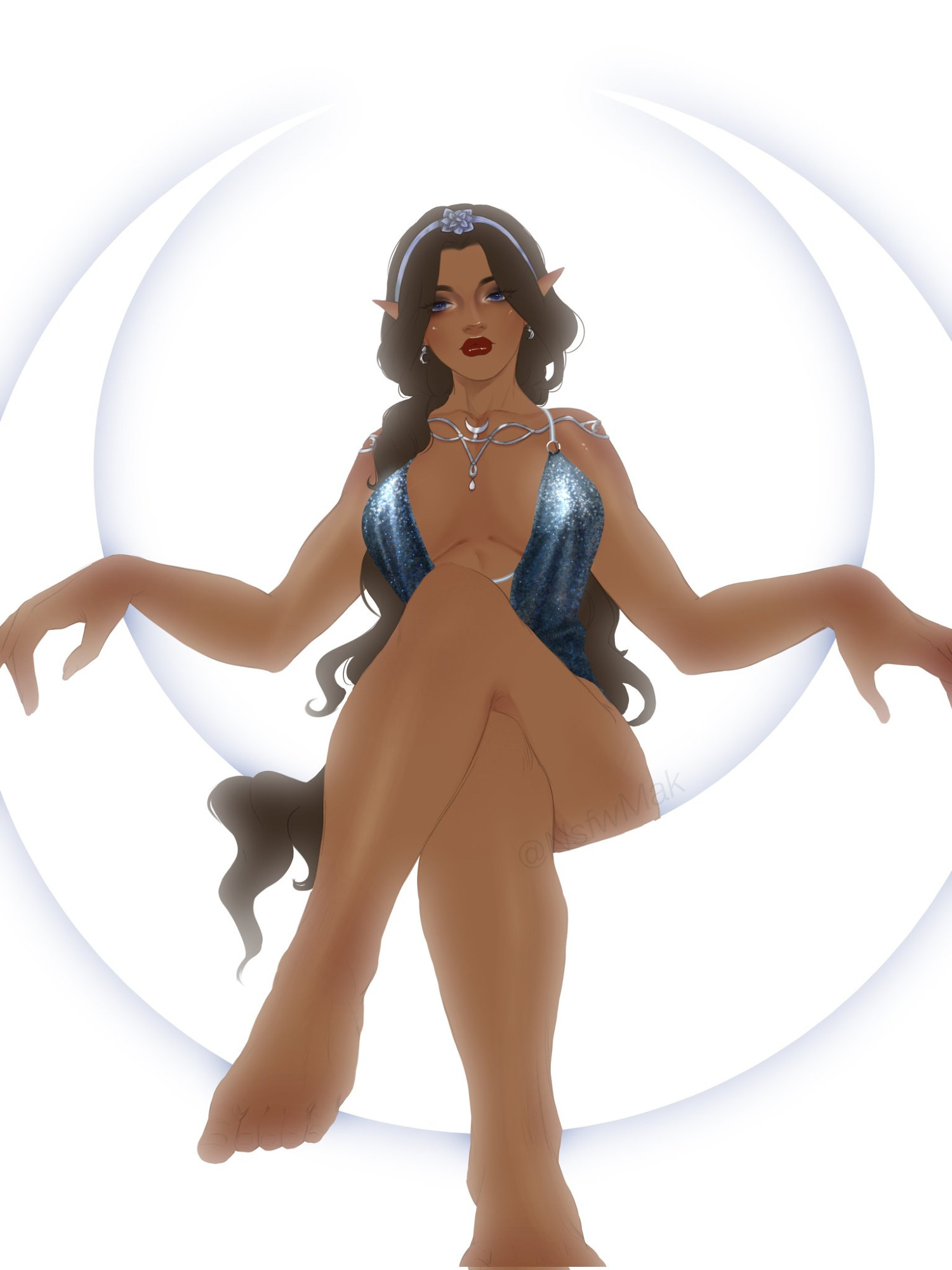 Colored sketch of a brown skinned elf with long dark hair by nsfwmak on twitter. She is sitting on a crescent moon shaped throne, wearing a sparkling blue dress with her legs crossed.
