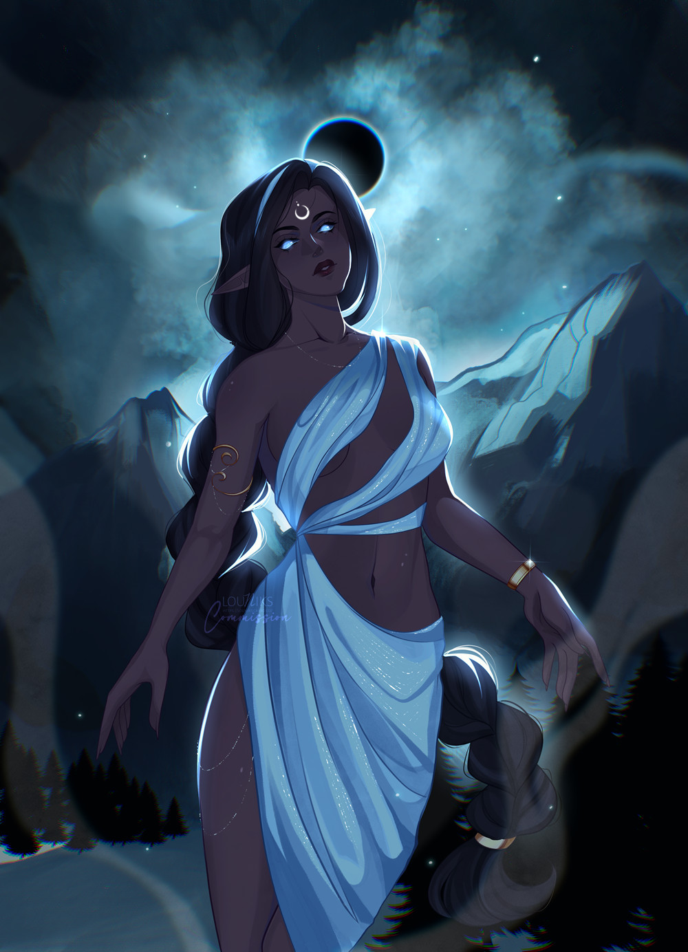 A digital artwork by lavrikaspring on twitter of a brown-skinned female elf in front of mountains and a valley, a lunar eclipse in the sky. She has long dark hair, and a shimmering blue dress that wraps around her breasts and leaves much of her stomach and right leg exposed. There is glittery gold chains on her hip, a similar neclas, a gold bracelt on her left wrist, and a swirling gold band on her right arm.

A crescent moon glows silver on her forhead, upside down with the points facing up and a small oval between the points.
