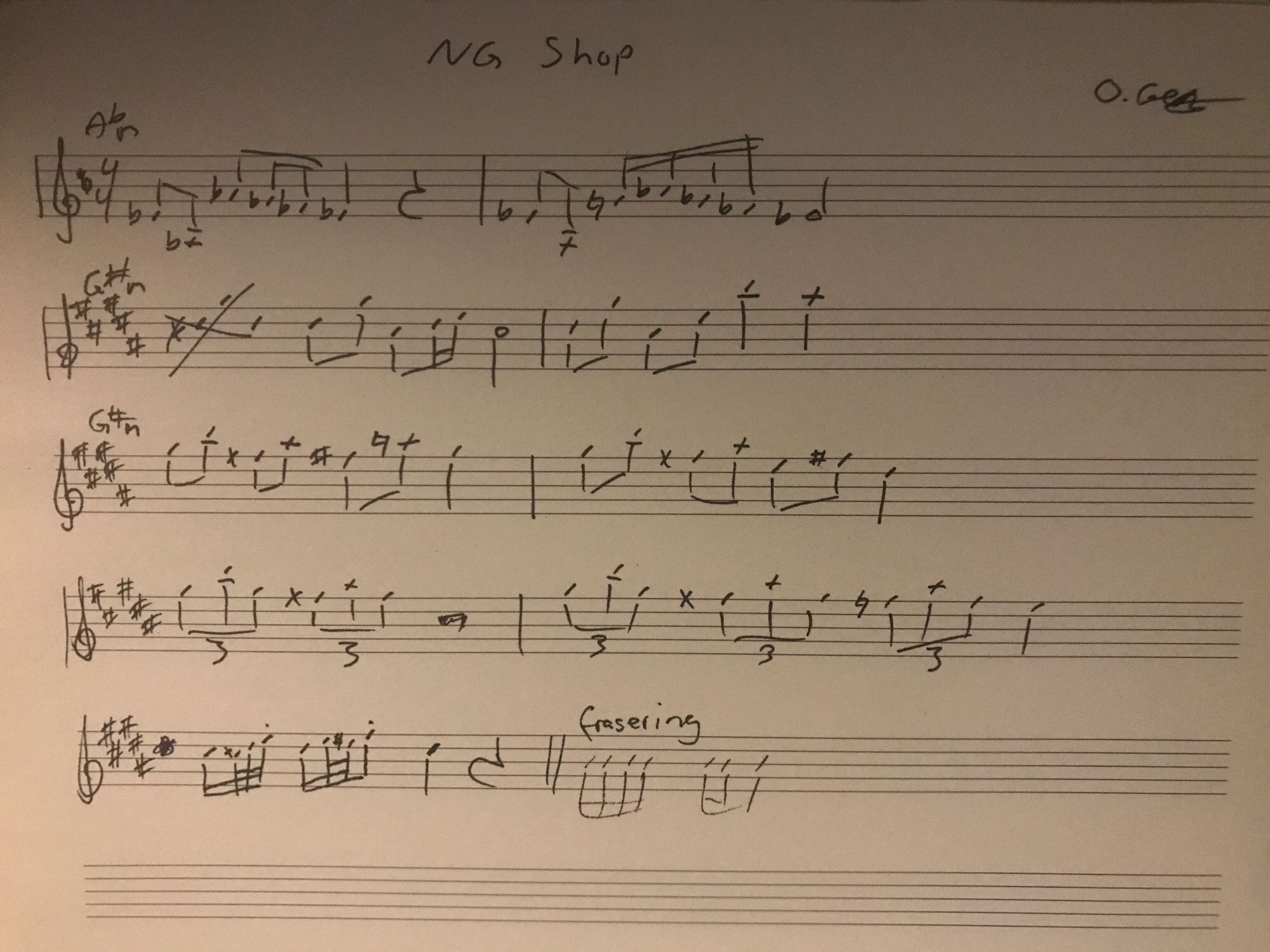 Sheet music sketch by Oliver Getz, describing a mysterious instrumental tune for the game Necromancer’s Gift.