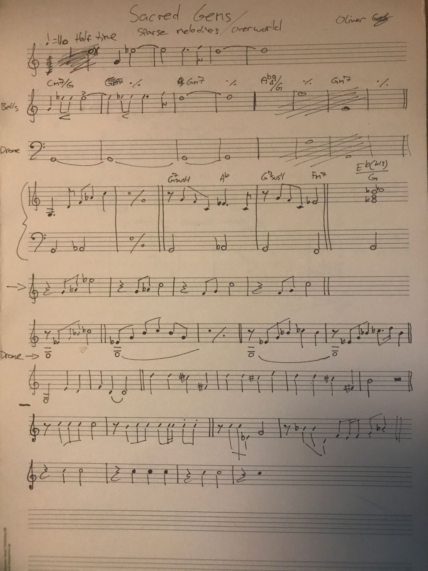 Sheet music sketch by Oliver Getz, describing a slow, ambient piece, for the game Sacred Gems.