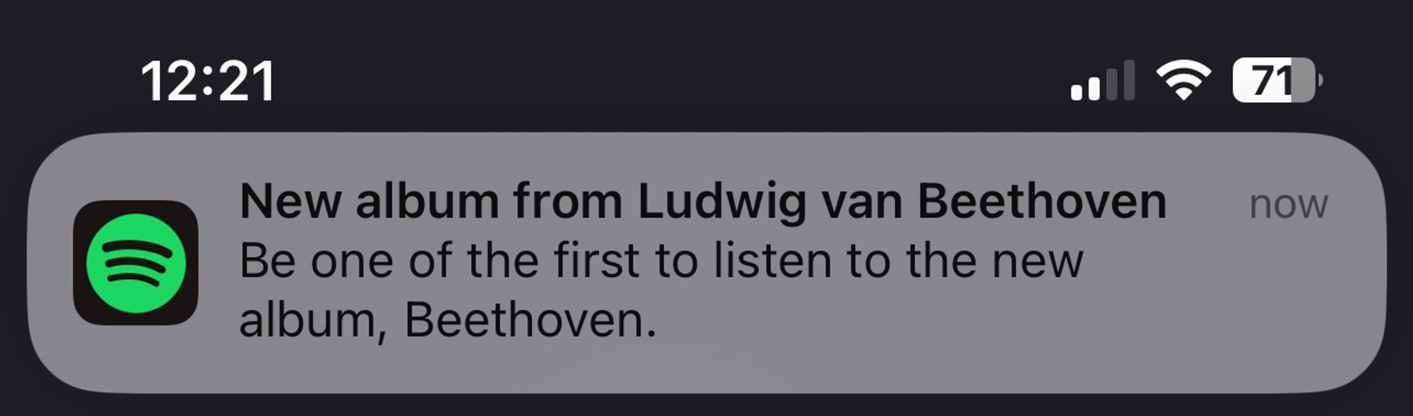 notification from spotify to listen to the new album by Ludwig Van Beethoven, titled Beethoven.