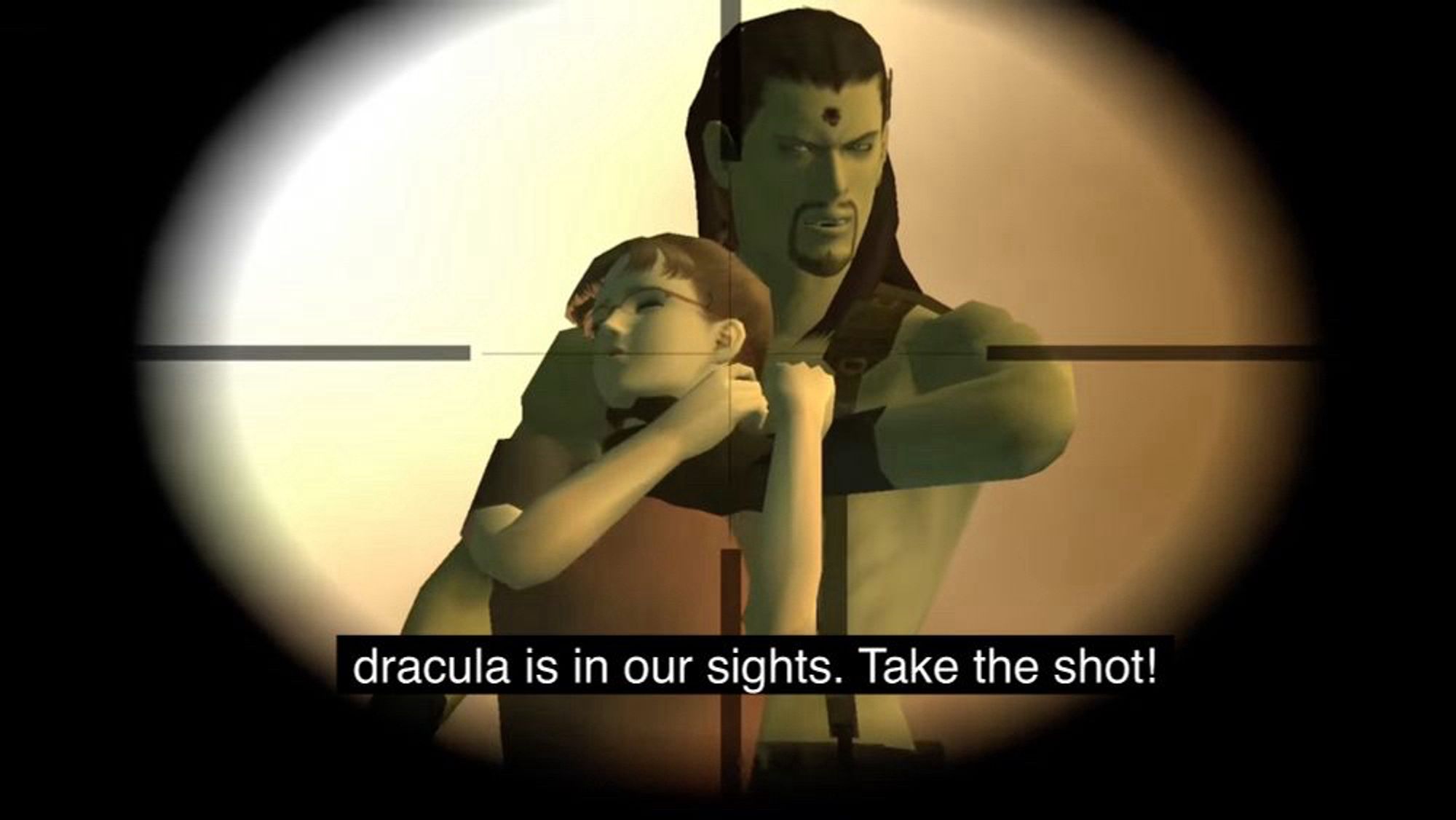 “dracula is in our sights. take the shot!” but its a screenshot of mgs2 where pretty much the exact scenario from the dril tweet is playing out