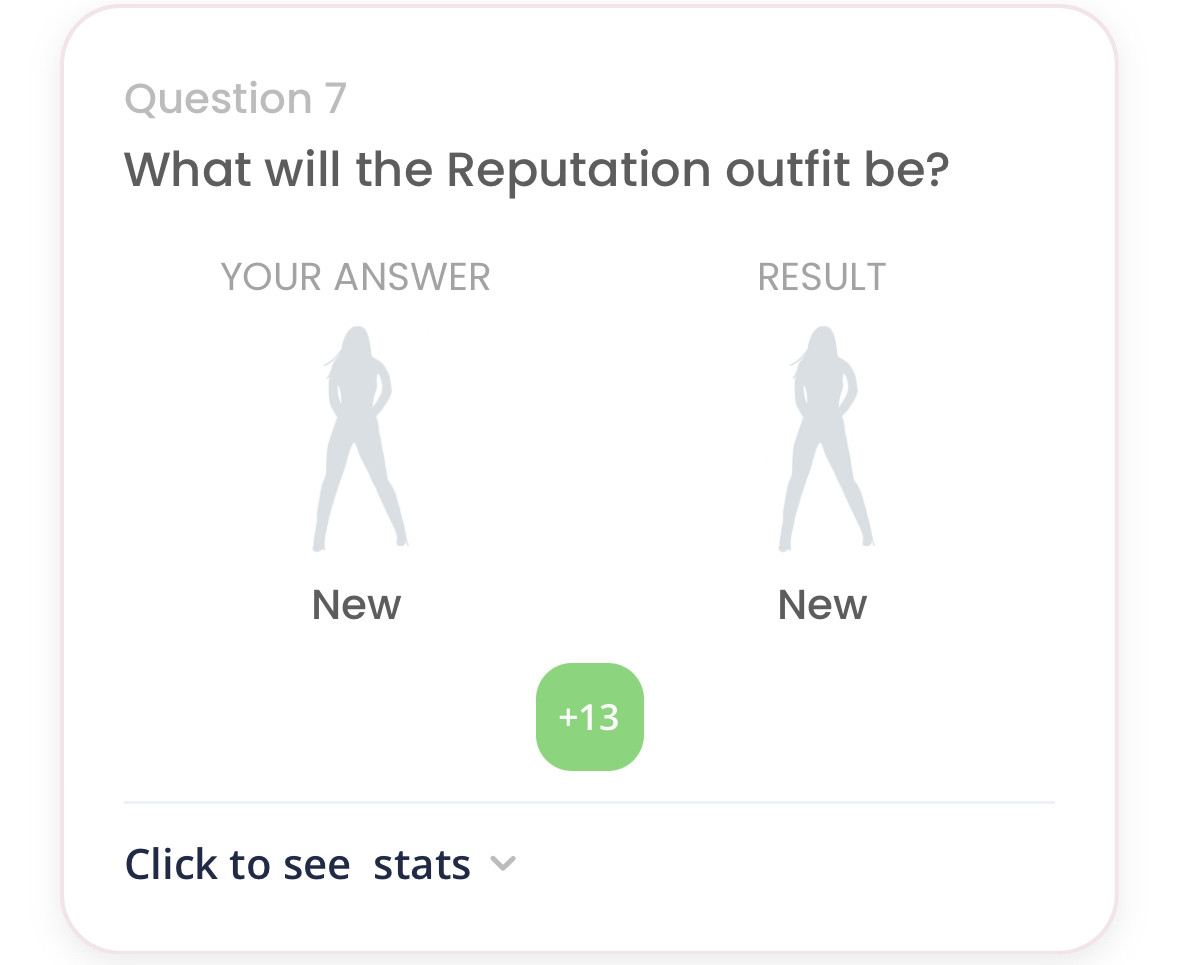 A screen shot from the Swift Alert app showing my guess for Taylor Swifts Reputation set showing that I guess new and the result was new. Earning 13 points. 