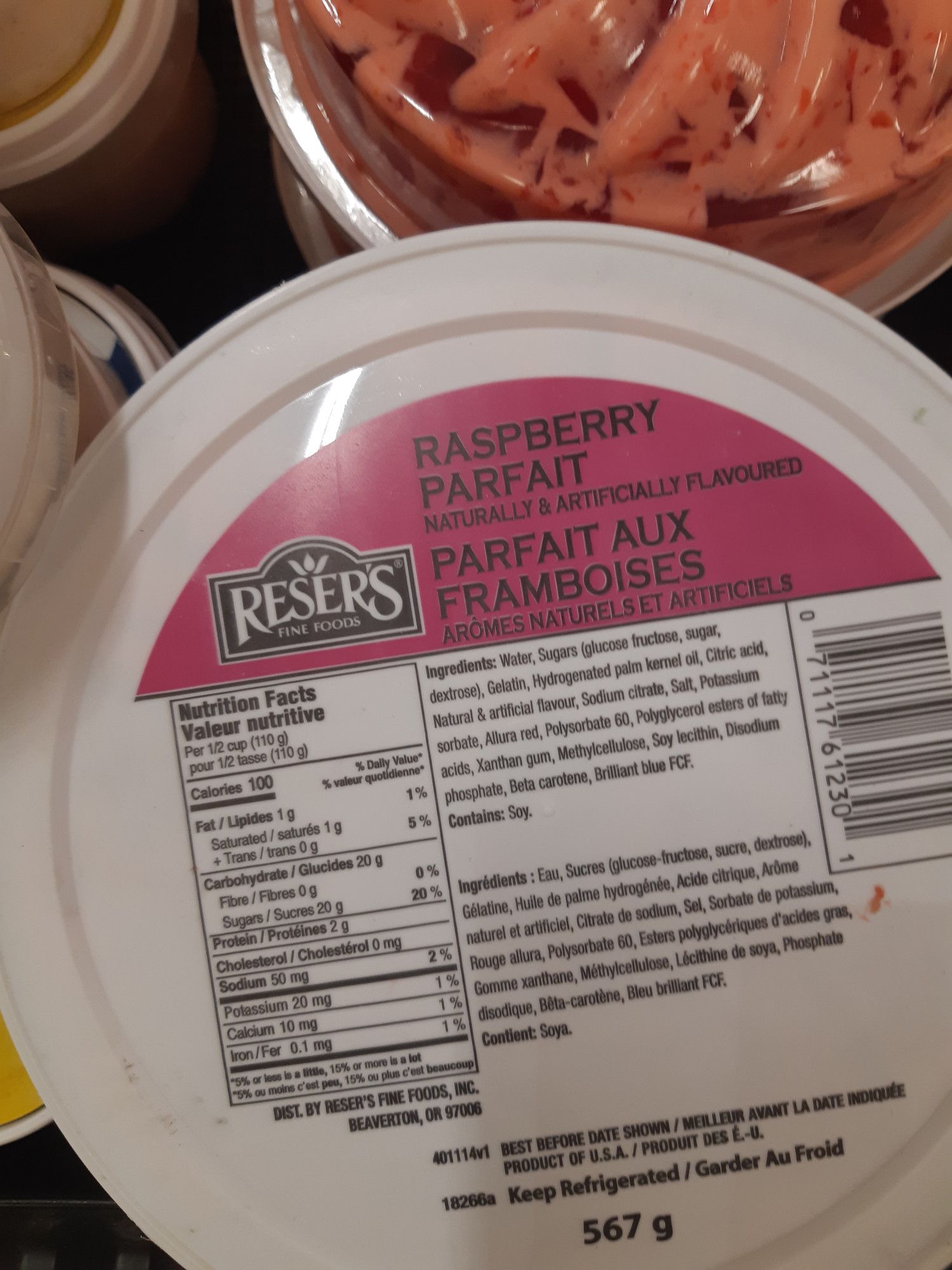 Photo of a tub of raspberry parfait in the grocery store