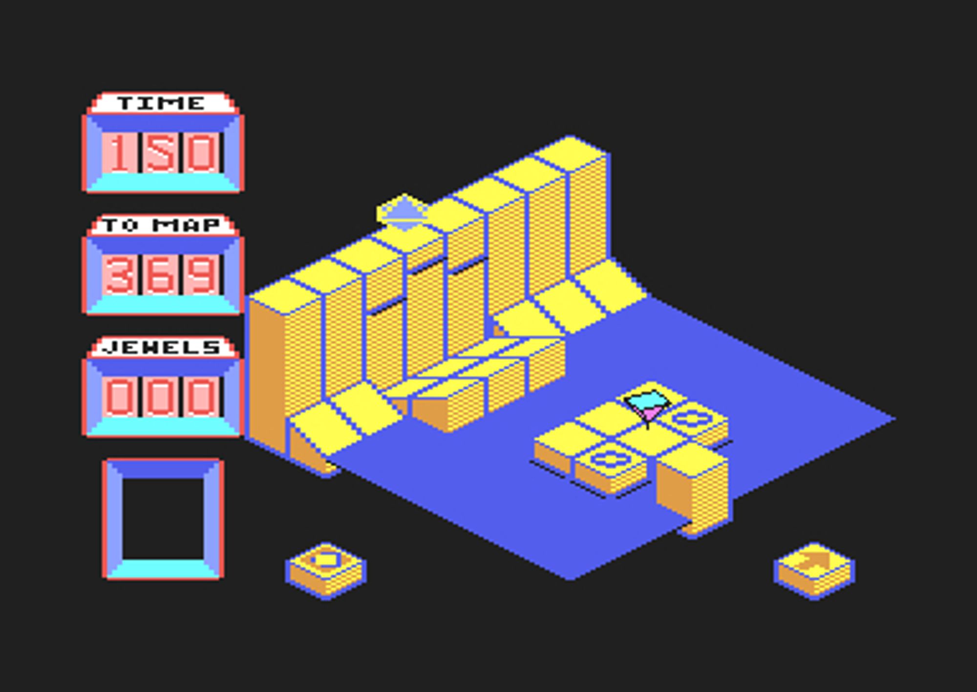 Screens from the game Spindizzy showing isometric puzzles navigated by a spinning upside down pyramid.