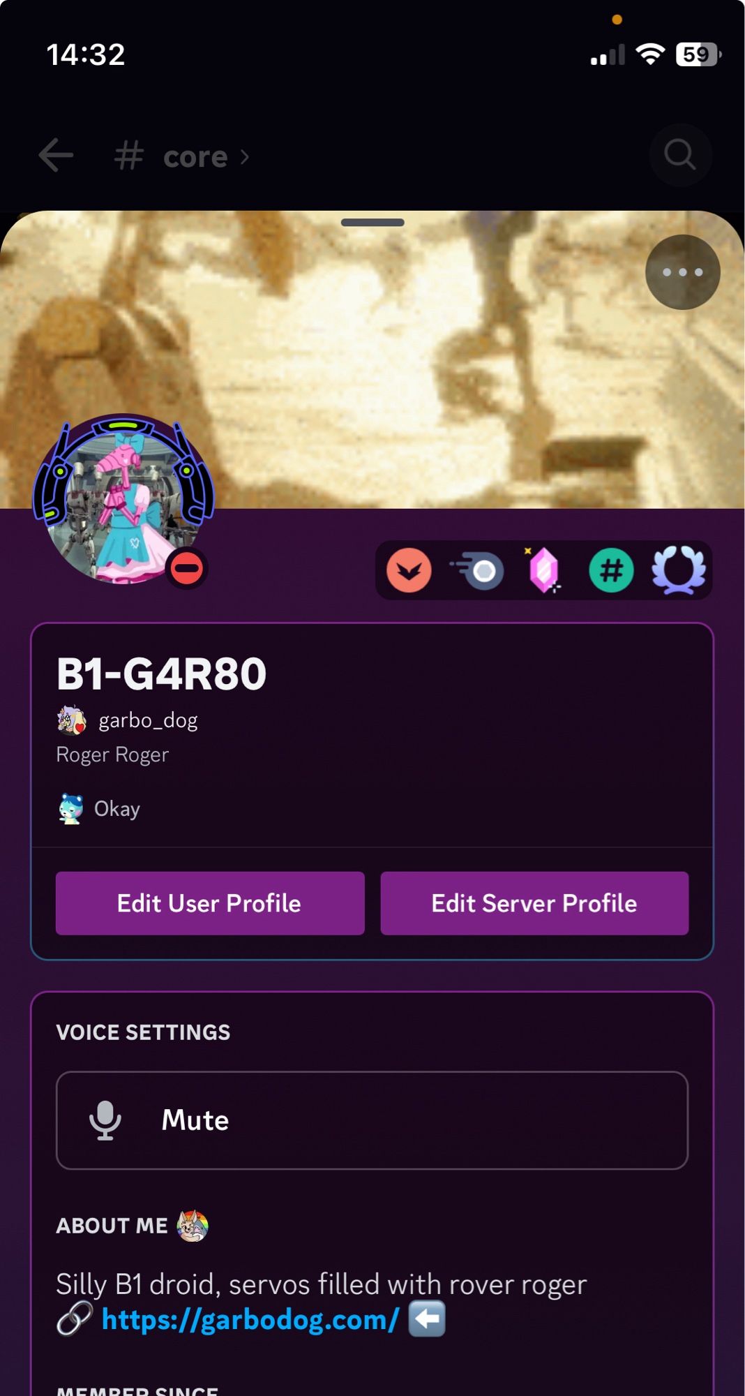 Garbodog’s discord profile changed to a B1 Battle Droid from Starwars painted pink with a dress (it’s from a game) and changed the user name to B1-G4R80 (b1-Garbo). Pronouns were changed to Roger Roger and about me now says “Silly B1 droid, servís filled with roger roger.” Also the banner is not cisabky moving but is a gif of a droid army charging with a Jedi trying helplessly fight back with another B1 droid doing an epic piano scene in the foreground. If your reading this please comment Roger Roger, thanks xD