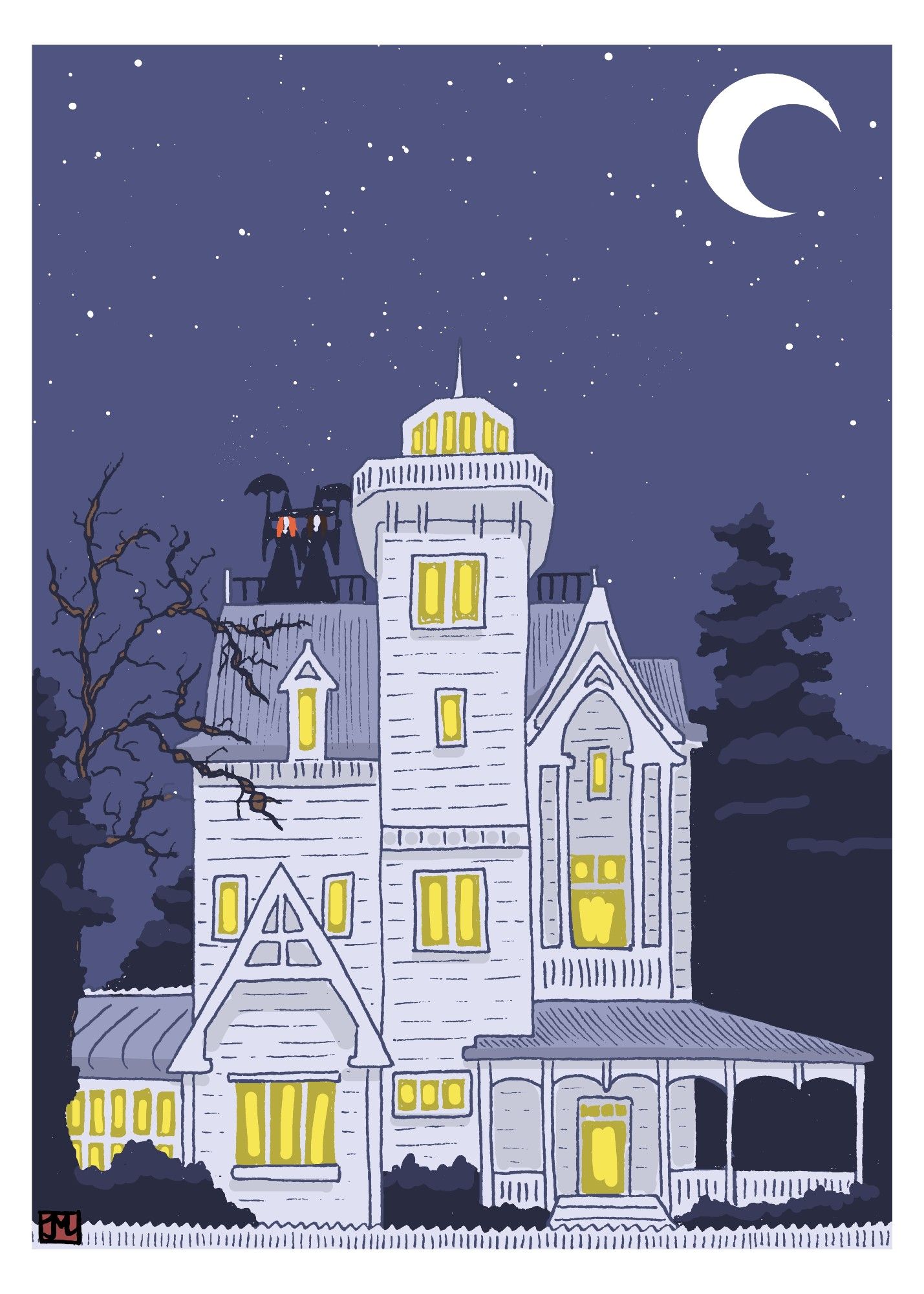 A drawing of a large, white, Victorian house with a white picket fence. It is night, the windows are illuminated, a crescent moon and stars are in the sky, and two witches holding umbrellas are standing on the roof. It is a drawing from the movie PRACTICAL MAGIC (1998) starring Sandra Bullock and Nicole Kidman.