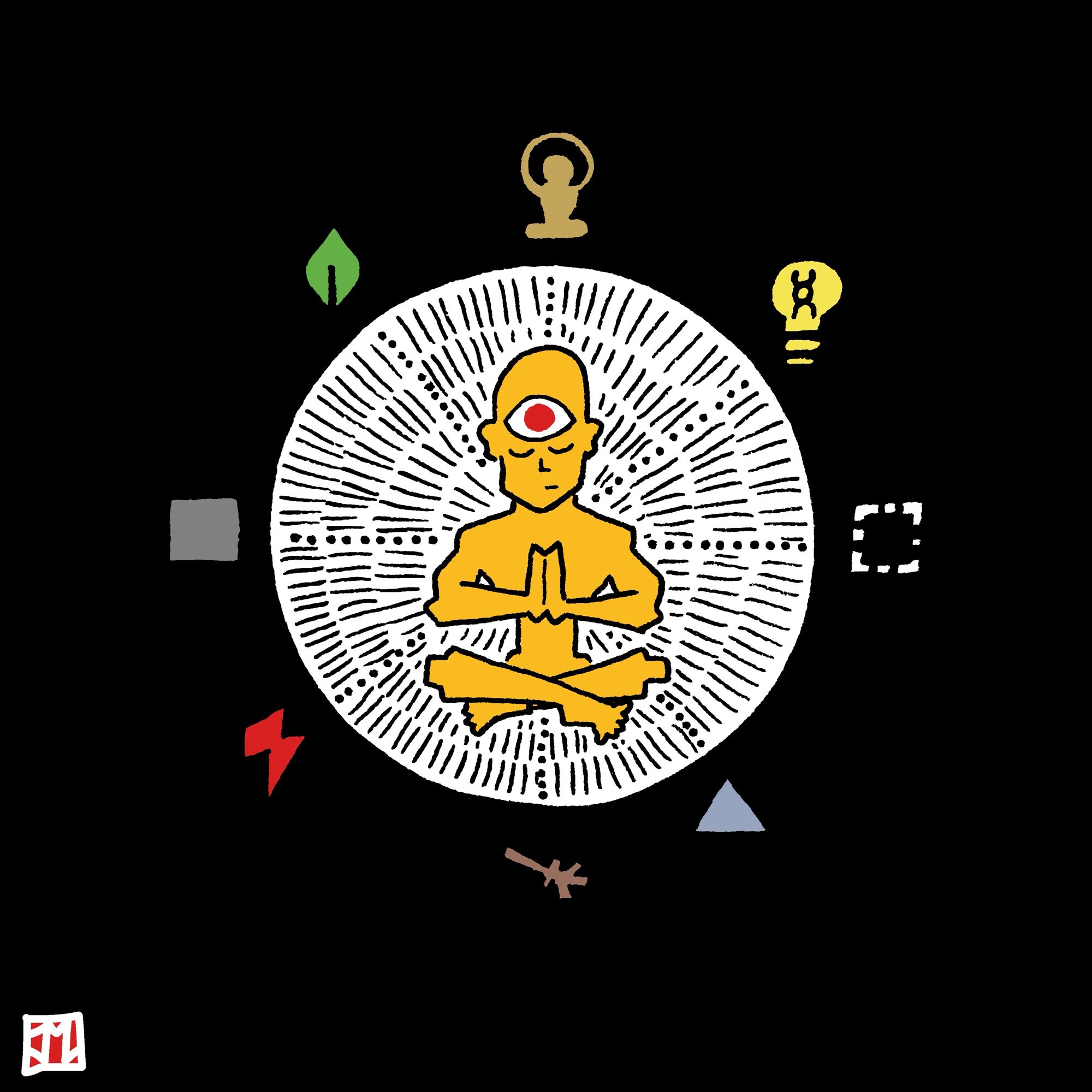 Drawing: a person seated cross-legged with their palms held together in front of them as in prayer. Their eyes are closed, and there is a large, open third eye on their forehead. They are in a white circle patterned with dots and lines, against a black surrounding background. Around the outside of the circle are eight symbols: starting at the top and moving clockwise, a haloed saint seated in meditation, a lightbulb with a double helix inside, a dotted line making a square, a triangle, a broom, a lightning bolt, a solid square, and a leaf. 
In this version the person is orange, the Iris and pupil of the third eye is red, and the symbols are colored, again starting at top and moving clockwise, gold, yellow, white, blue-gray, brown, red, gray, and green.