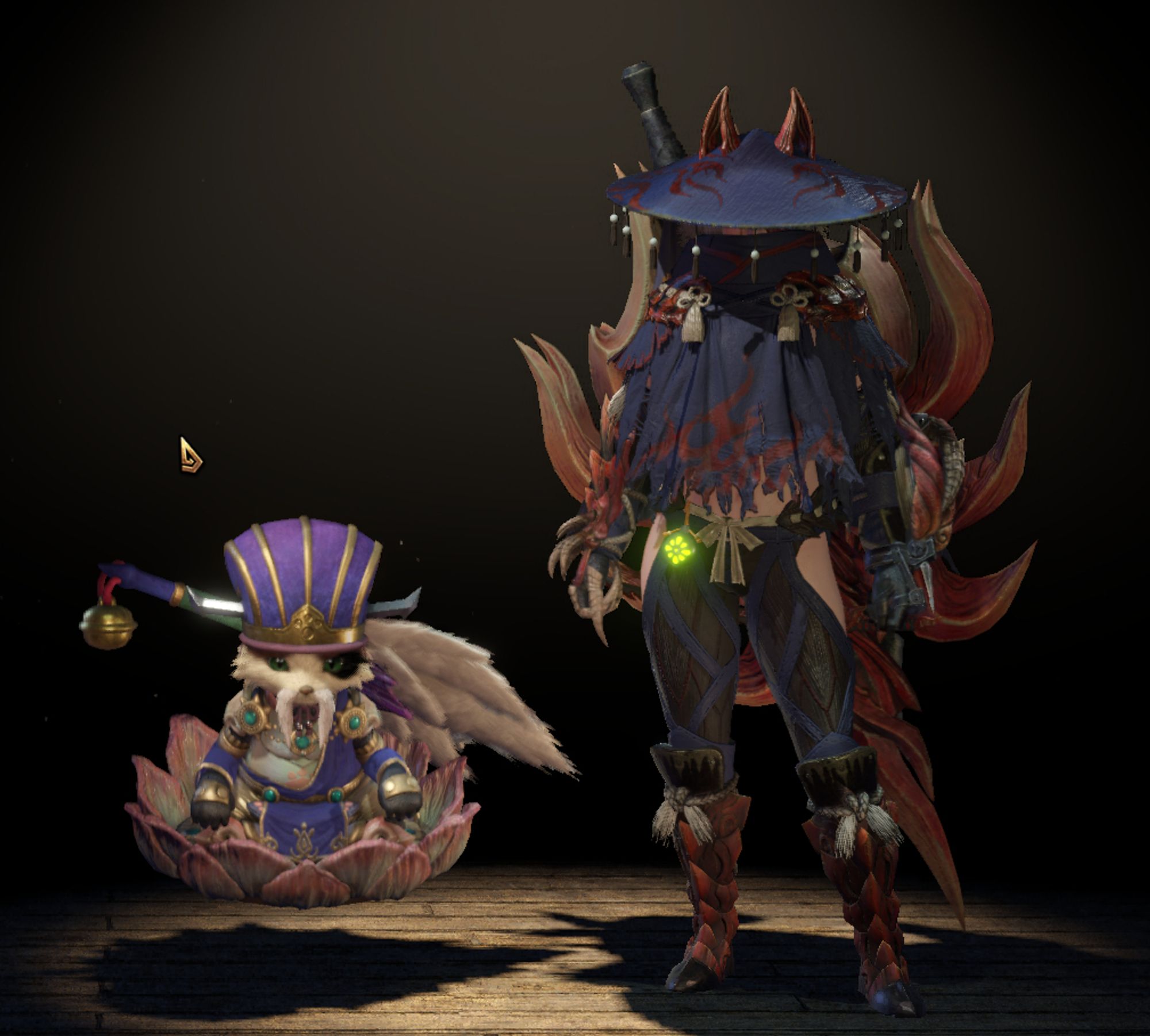 Screenshot of my hunter from the file select screen. She is wearing a mix of the various Odogaron armour: she has a conical hat with canine ears poking through, a poncho with a high collar hiding her lower face, gauntlets, greaves, all of which is over a body suite. It is primarily black and navy blue, with red detailing. She has a sword and shield sheathed on her back, which looks like several pointed, red fox tails. To her right is her Palico companion, wearing bluey purple robes and sat in a floating lotus flower.