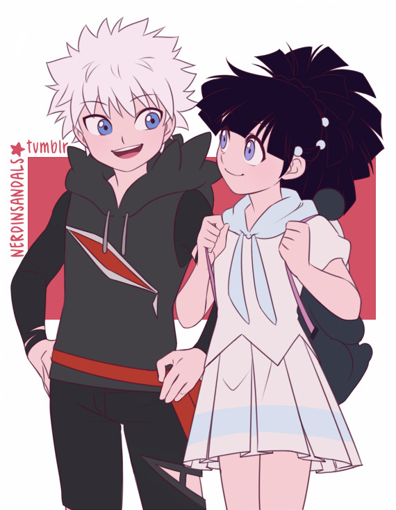 Image description: An illustration of Killua and Alluka from Hunter X Hunter dressed as Gladion and Lillie from the Pokémon Sun and Moon games and anime series of the same name. They're smiling at each other. End description.

#nerdinsandalsart