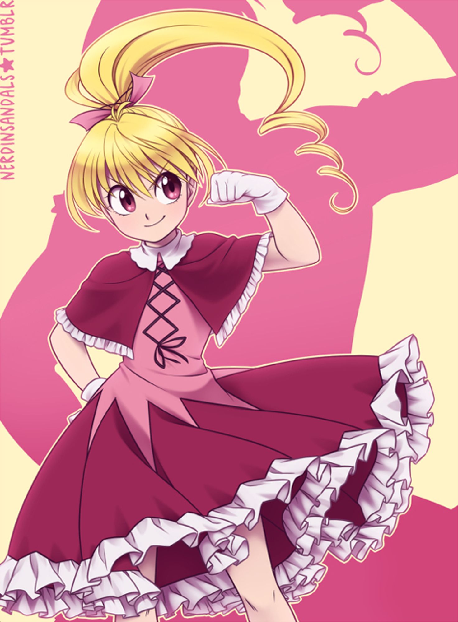 Image description: An illustration of Bisky (Biscuit Krueger) from Hunter x Hunter, flexing her left arm as she looks confidently to the side with a defiant expression. The background is a plain cream yellow color with a pink shadow in the shape of her real form, bigger and very muscular, symbolizing the real strength she's hiding underneath her smaller and younger appearance. End description.

#nerdinsandalsart