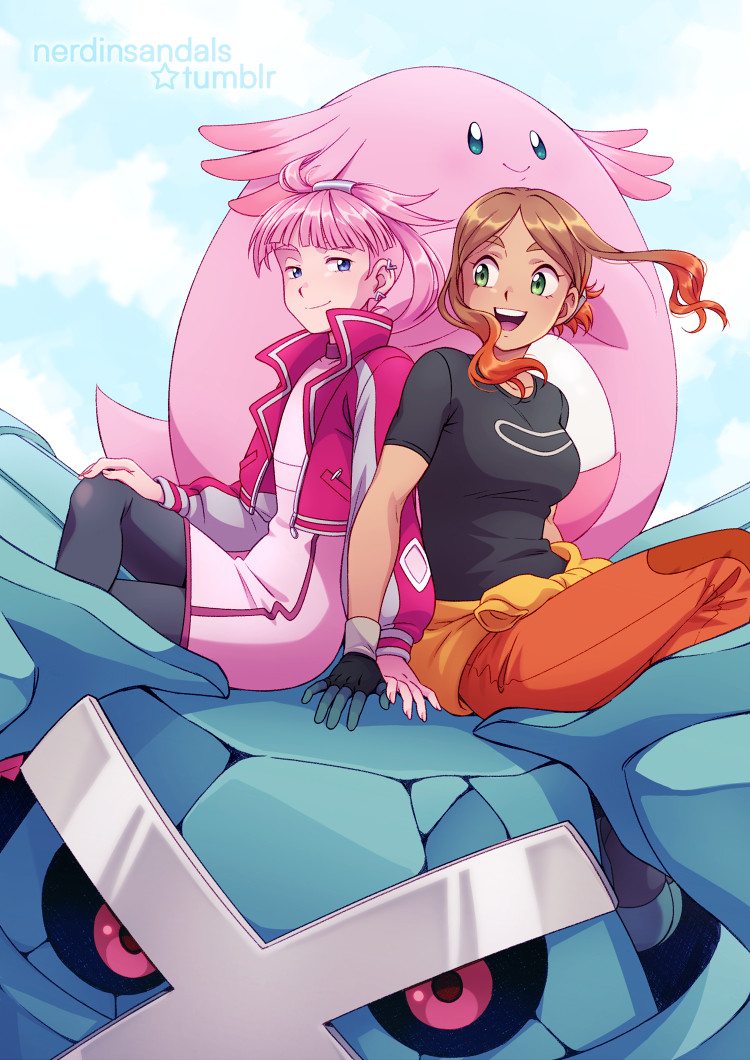 Image description: An illustration of Mollie and Orla from the Pokémon Horizons anime series sitting on Orla's Metagross as it levitates through the sky. Orla is looking at Mollie with a big smile on her face, while Mollie returns the look with a relaxed expression, but still showing happiness. Both of them have one hand resting on top of Metagross, softly touching each other's. Behind them, also sitting on Metagross, is Mollie's Chansey, looking into the distance and smiling. End of description.

#nerdinsandalsart