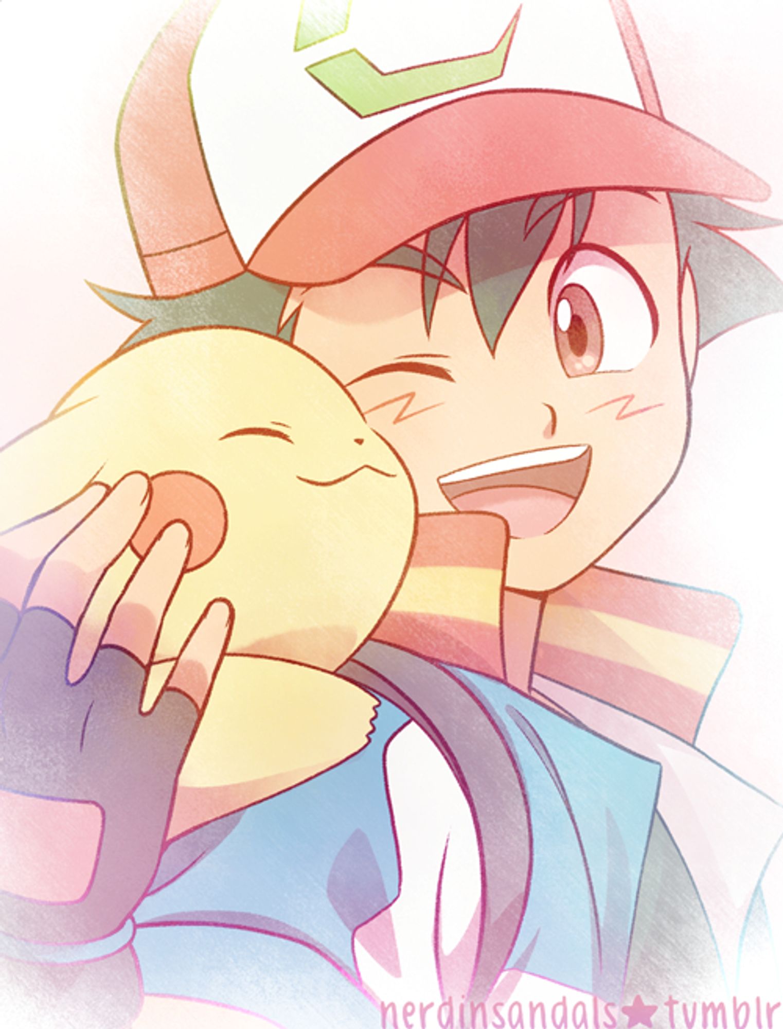 Image description: An illustration of Ash from the Pokémon anime series smiling widely with Pikachu resting his head on his shoulder as he rubs his cheek against Ash's with his eyes closed and a relaxed, happy expression. End description.

#nerdinsandalsart