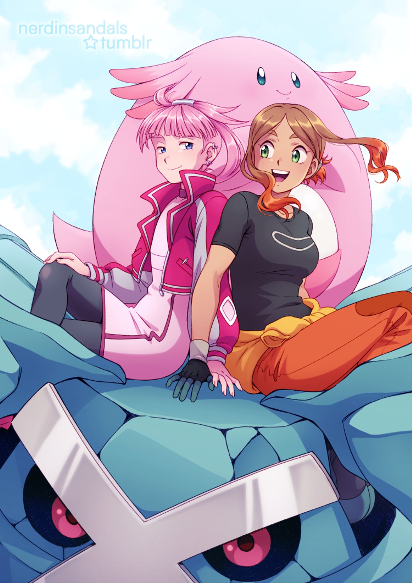 Image description: An illustration of Mollie and Orla from the Pokémon Horizons anime series sitting on Orla's Metagross as it levitates through the sky. Orla is looking at Mollie with a big smile on her face, while Mollie returns the look with a relaxed expression, but still showing happiness. Both of them have one hand resting on top of Metagross, softly touching each other's. Behind them, also sitting on Metagross, is Mollie's Chansey, looking into the distance and smiling. End of description.

#nerdinsandalsart