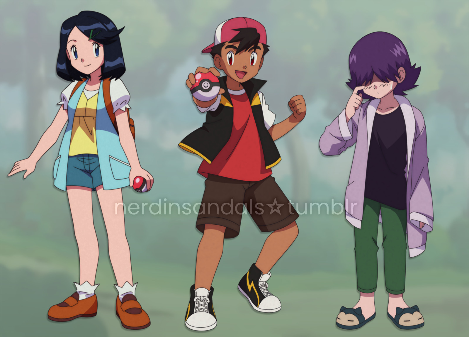 Image description: A full body illustration of Liko, Roy and Dot from the Pokémon Horizons anime series drawn in the style of the original Pokémon. Liko is in a neutral happy pose, holding a Pokéball in her left hand. Roy is in an excited pose with a big smile, one fist clenched and the other holding a Pokéball towards the viewer. Dot is standing awkwardly, looking down a bit to avoid eye contact (even though her hair covers her eyes) and lightly scratching her cheek. Dot is wearing a purple robe that hangs off unevenly, making it look longer on the left side and shorter on the right side. End description.

#nerdinsandalsart