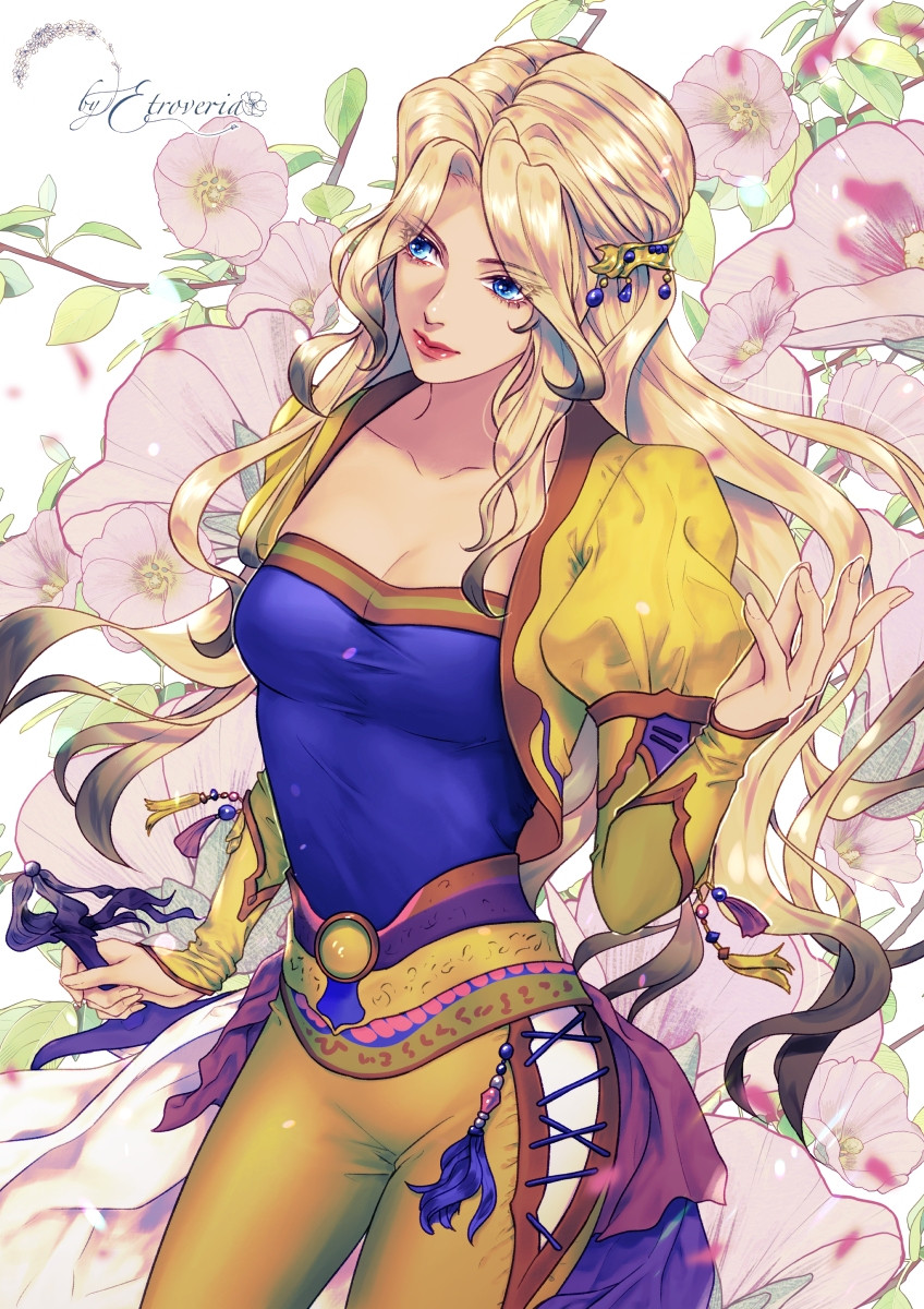Fanart of Celes Chere from Final Fantasy VI with her left hand raised and right hand holding her signature sword, with pastel pink flowers and green leaves in the background.