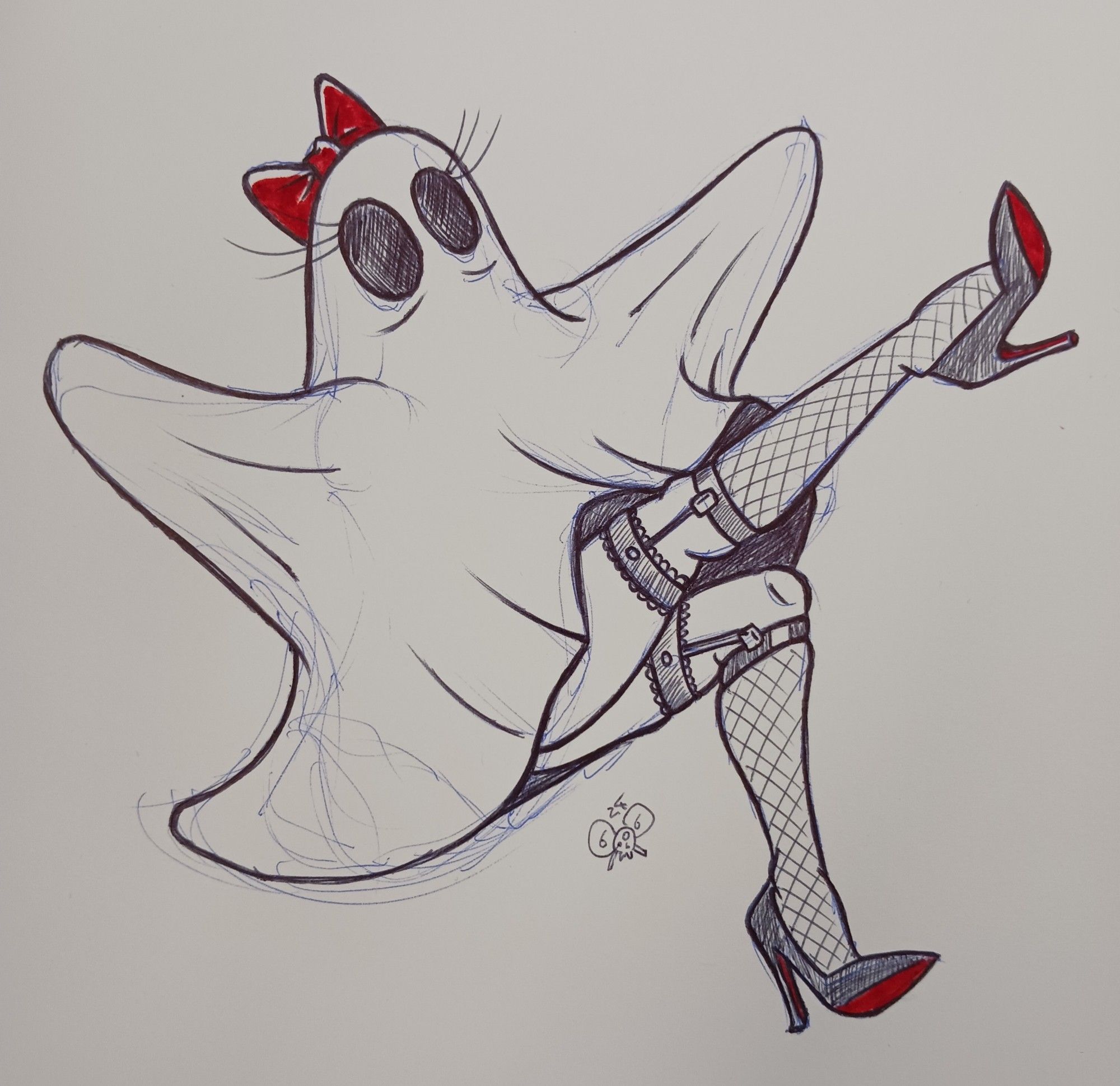 A white sheet ghost kicking its legs up in the air it is also wearing fishnet stockings high heels and a bow