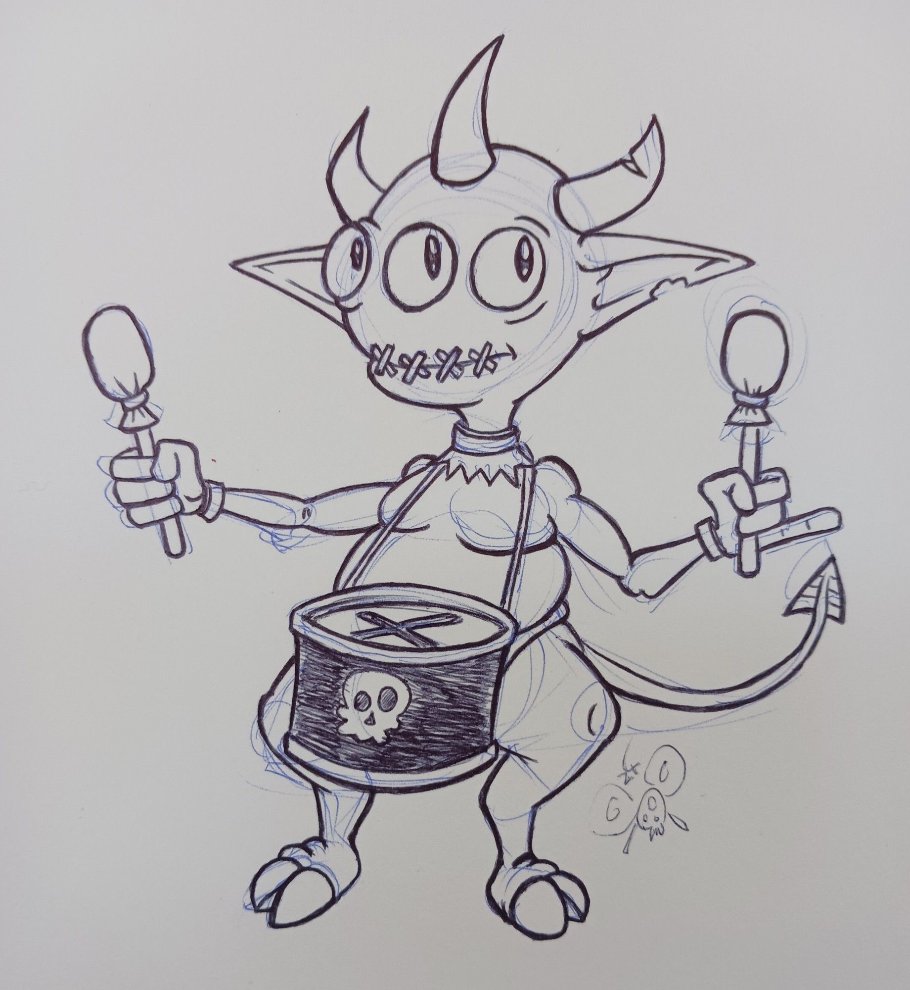 A three-eyed three-horned little imp with its mouth shut banging on a little snare drum with two tomtoms