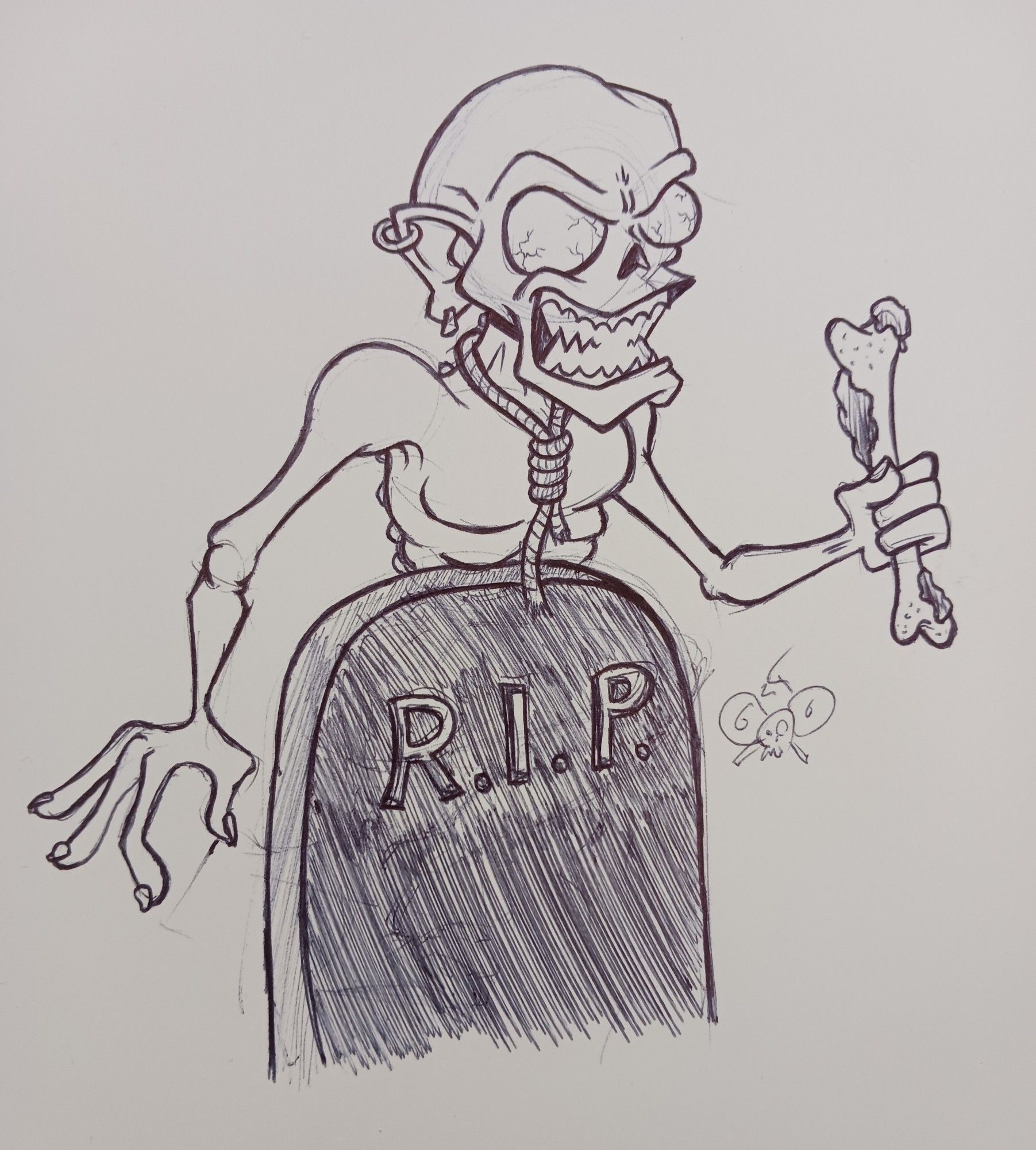 A ghoul like creature with a noose around its neck peeking from behind a tombstone holding a piece of bone with chunks of flesh stuck to it.