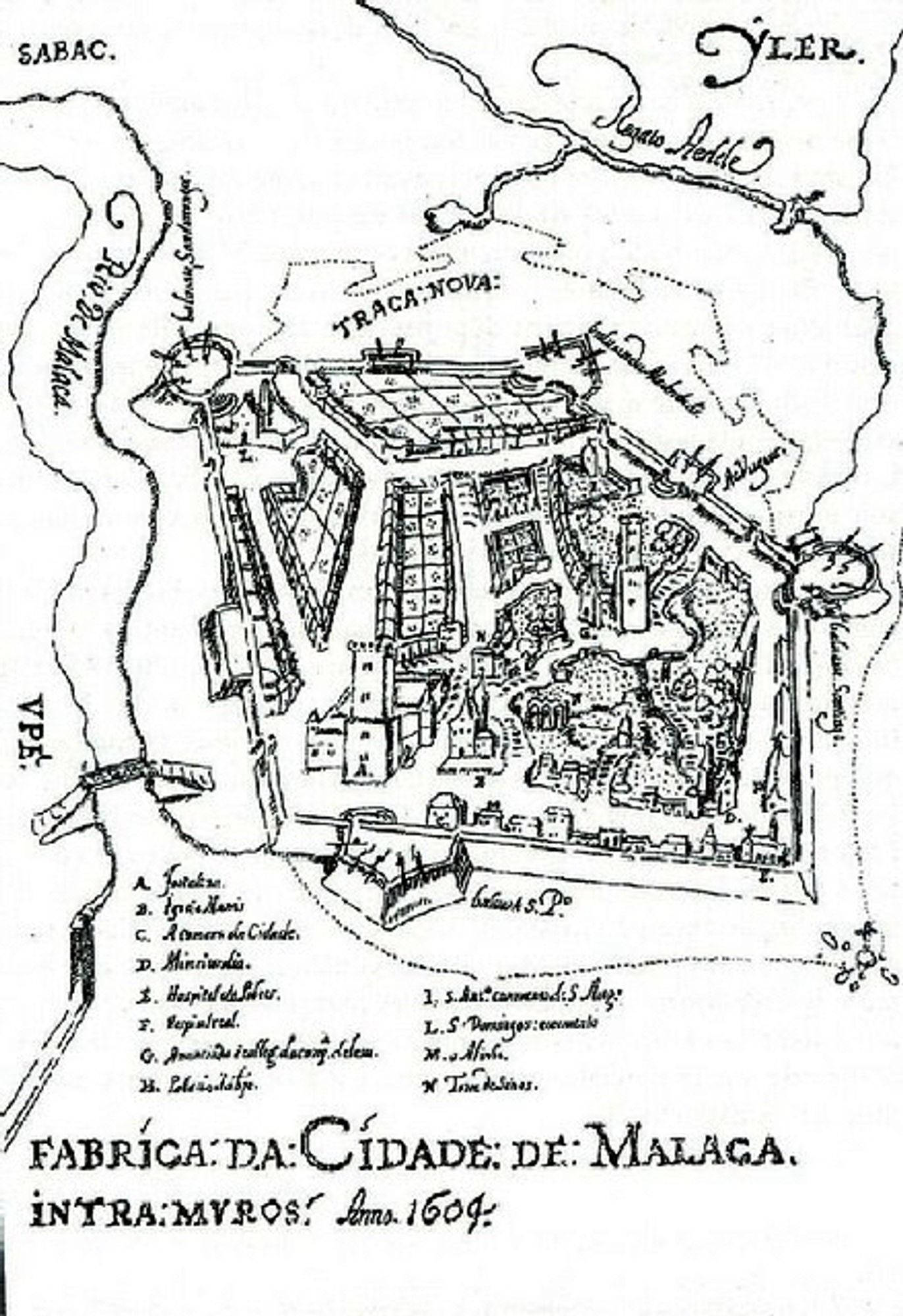 Old Portuguese diagram of fortress on the port of Portuguese Malaka