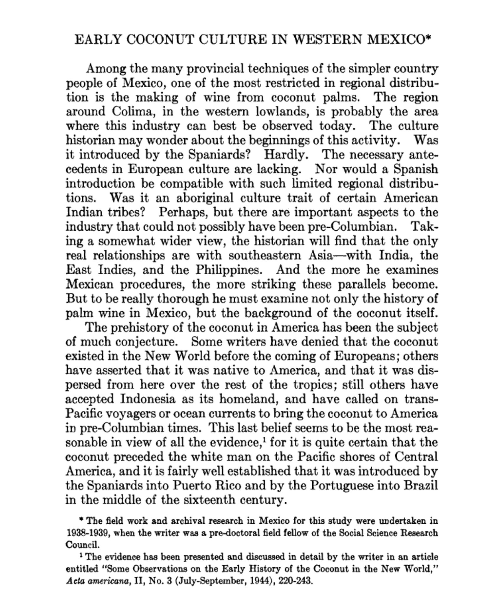 Excerpt from Henry J. Burman’s academic research on “Early Coconut Culture in West Mexico” from The Hispanic American Historical Review (JSTOR)