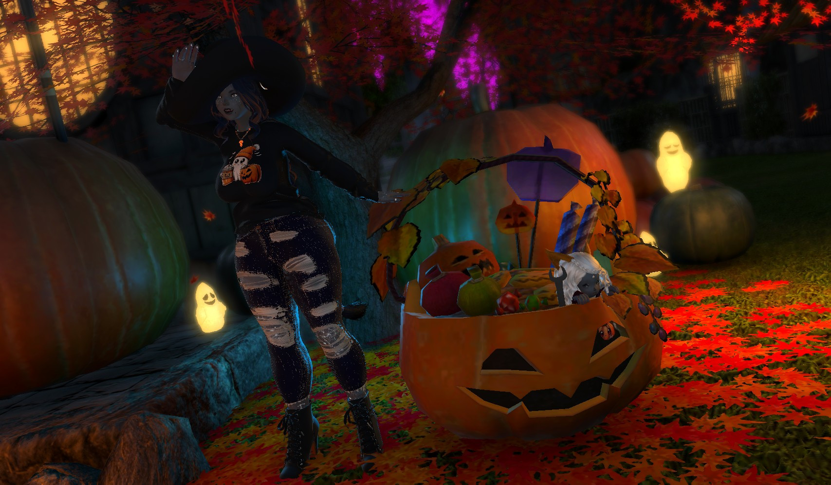 A gray catgirl with long orange and dark blue hair dressed in jeans, a Halloween sweatshirt, lace up ankle boots, and a witch's hat is in a "looking for something" pose. A little gray catgirl with bright white hair and what looks like a pearl on her forehead peeks out of a giant pumpkin basket and smiles. Sticking out next to her is a wrench.