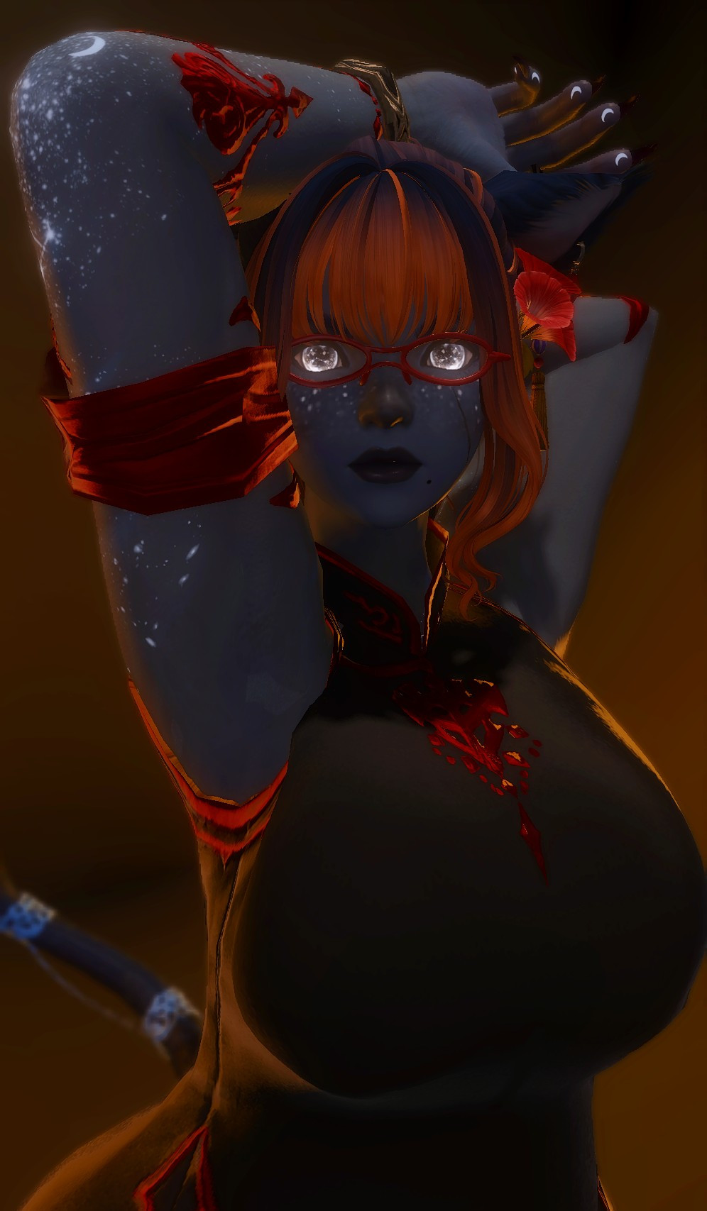 A gray catgirl from the waist up with her arms over her head. She's got orange and dark blue hair, white glowing eyes, and is dressed in a black and red sleeveless dress.