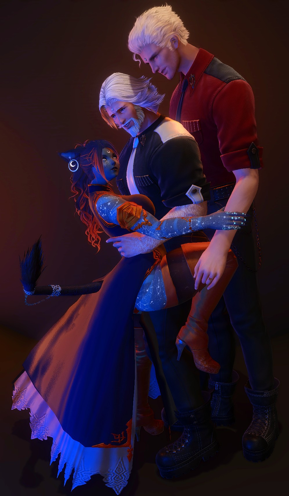 A gray catgirl with long orange and dark blue hair is clasped in the arms of a built man with white chin length hair and a lush beard. Behind that man is another man, and he is holding the leg of the catgirl at the knee. They are all dressed up nicely, and they are all smiling at each other.