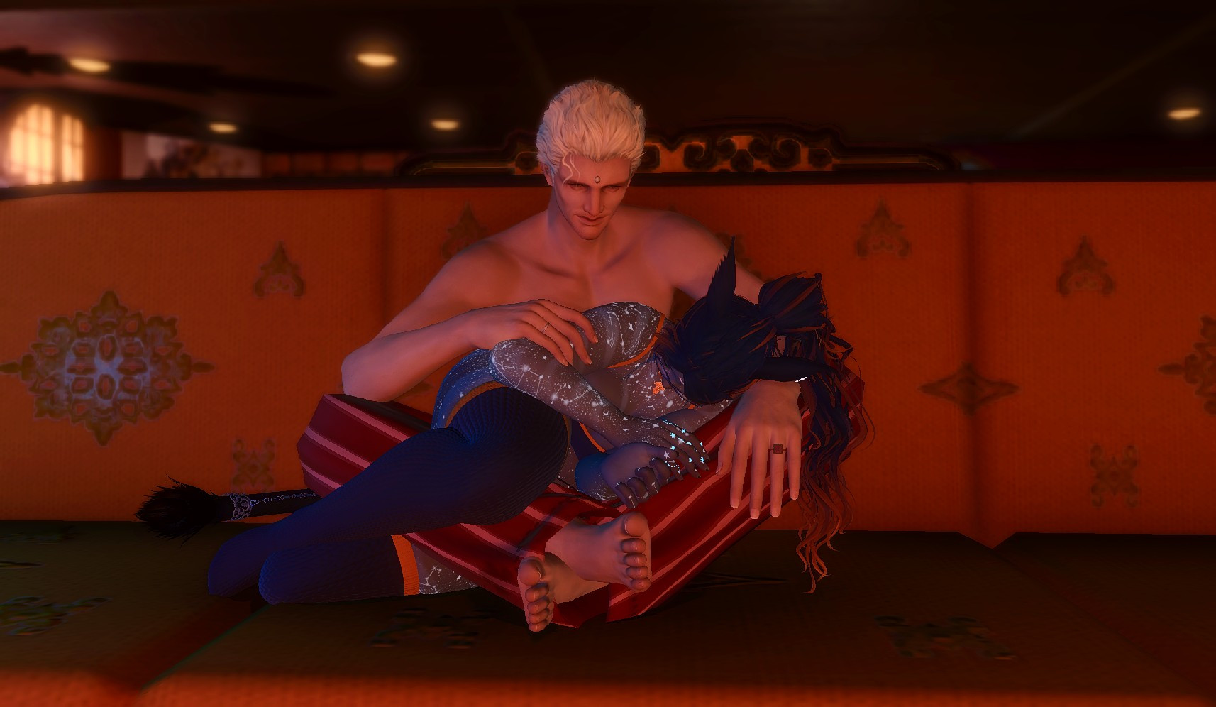 A gray catgirl with long orange and dark blue hair asleep in the lap of a tall shirtless blonde white man.