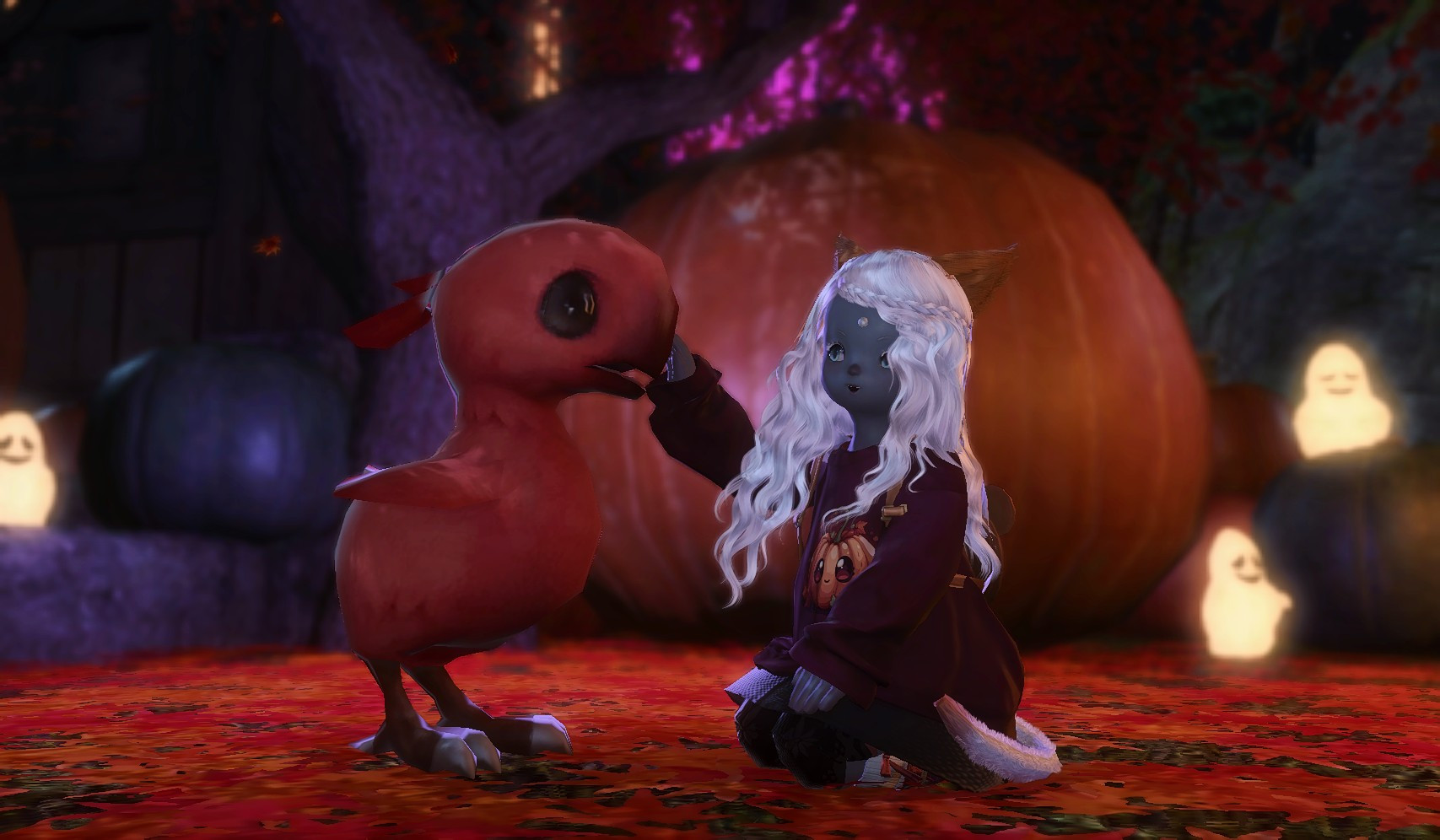 A little grey catgirl toddler with long white hair and orange tipped tail and ears, wearing a dark red Halloween sweatshirt, black skirt and tights, and red boots. She is kneeling in fallen red leaves in front of several pumpkins and ghosts, and is reaching out a hand to a red chocobo chick, who is touching her hand with its beak.