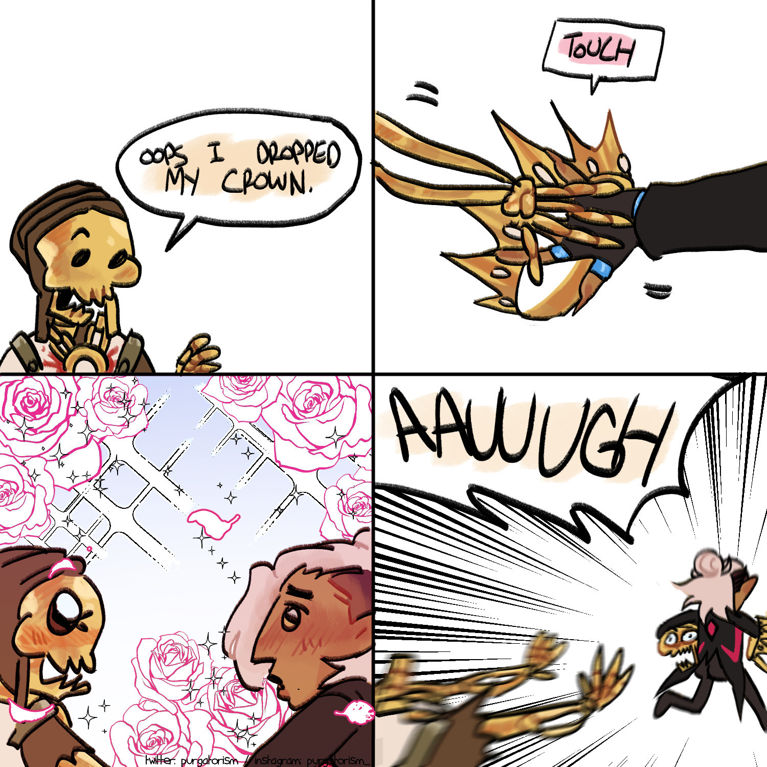 a meme redraw with oro and kado thorne. in the first panel oro, crownless, says "oops i dropped my crown." in the next panel he reaches down to pick up his crown, only for kado to reaches it first and causing their hands to touch. in the next panel both oro and kado are staring into eachother with wide sparkling eyes, roses and romantic sparkles are scattered in the background. then in the last panel kado runs off with both oro's crown and head while oro yells "AAUUUGH"