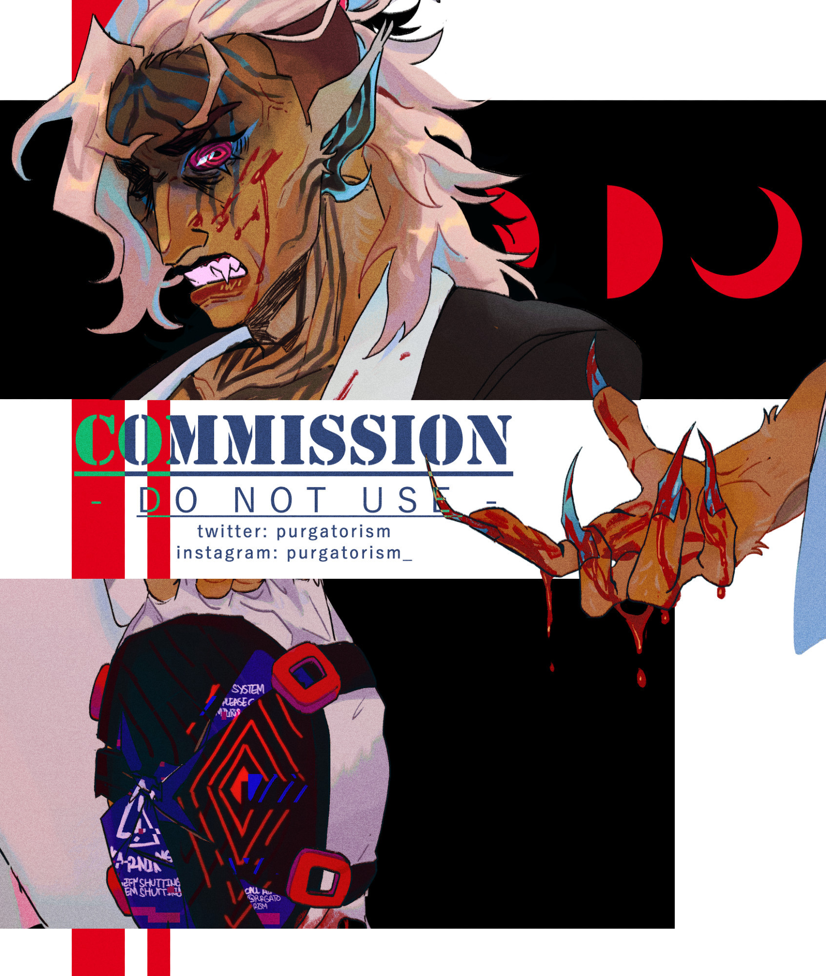 a fanart mini collage of kado thorne. on the top is a crop of him snarling while being half-transformed, his eyes are pink and spiraling, ears turned revenant, and the marks spreading on his face. three phases of the moon iconography is the background. on the bottom is a crop of a dealer's head that kado's grabbing onto, their mask broken and displaying an error message. on the right is kado's hand, half-transformed to his revenant form as well, nails glowing blue and covered in the blood of the dealer, the fur and exposed muscle of his arm creeping through his skin. the watermark says "COMMISSION - DO NOT USE"