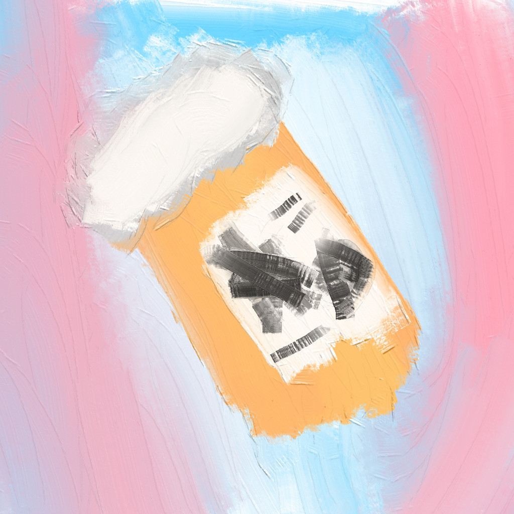 A square painting of an orange pill bottle in a cyan and pink background.
The label of the pill bottle contains scribbles vaguely resembling the theta-delta and the elvin star (a 7/3 heptagram), respectively used to represent the therianthropy and otherkin communities.