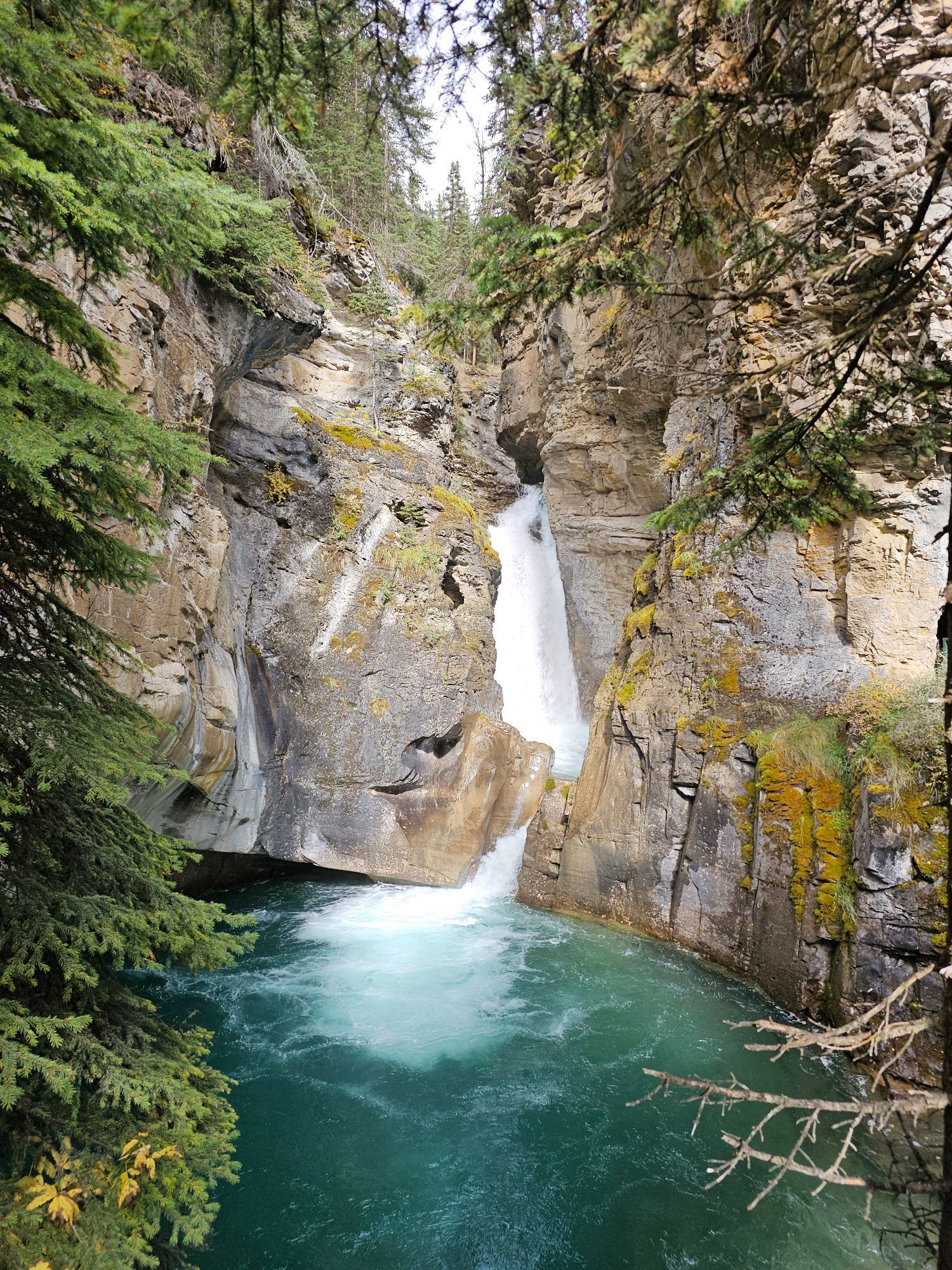 A blue waterfall surrounded by mossy rocks and green trees.