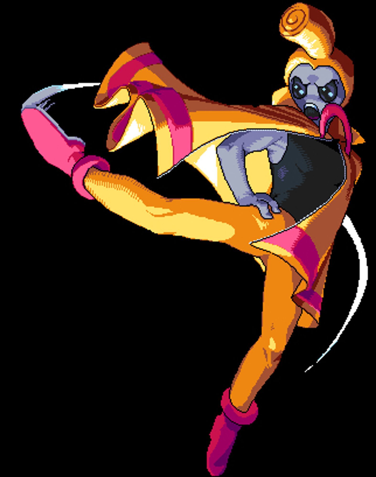 Piro's super flash pose, performing a spinning kick. From the game ZONERS