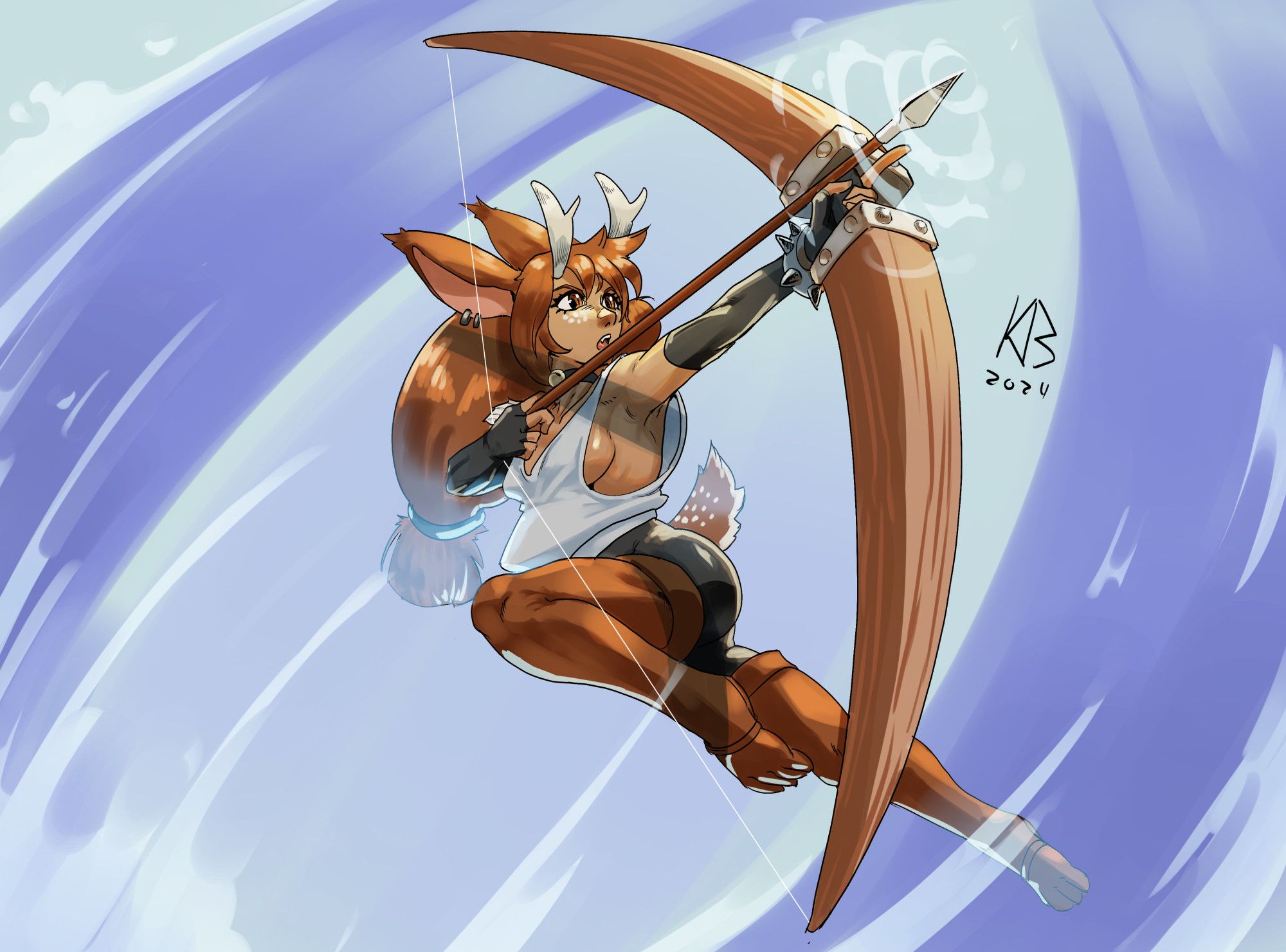 Griz Is leaping through the air while nocking an arrow pointing upward. Griz belongs to @cheekycatbat.bsky.social!