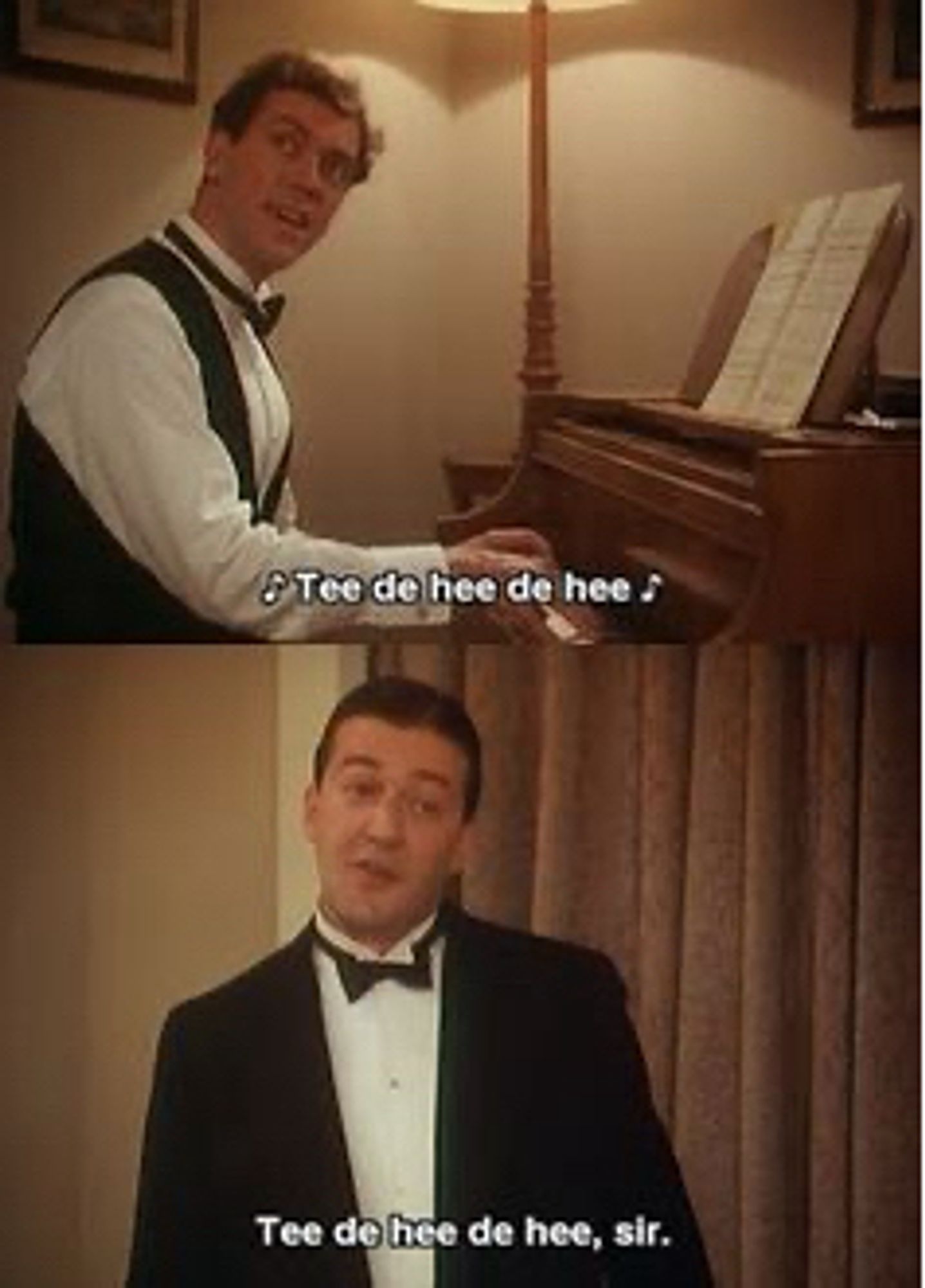 Hugh Laurie as Bertie Wooster and Steven Fry as Jeeves doing a jazz call and response