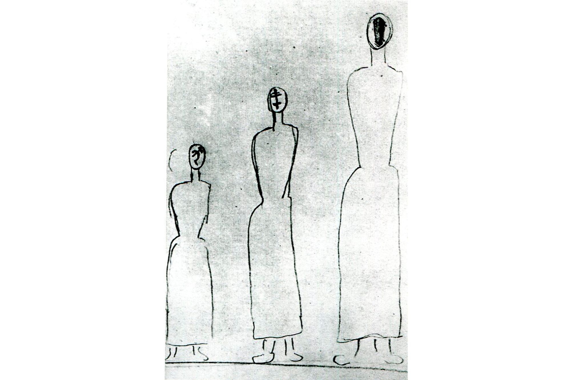 "Three persons" / "Where there is hammer and sickle, there is death and hunger"

White paper background with three scribbled with black outlines, progressively taller silhoettes of armless, featureless peasant women. The first one has a hammer and sickle on her face, the second - a cross, the third - a coffin. In this example, the titular line is cropped out, but in the full picture, it is written in a tiny text in the corner.

K. Malevich, 1932-33