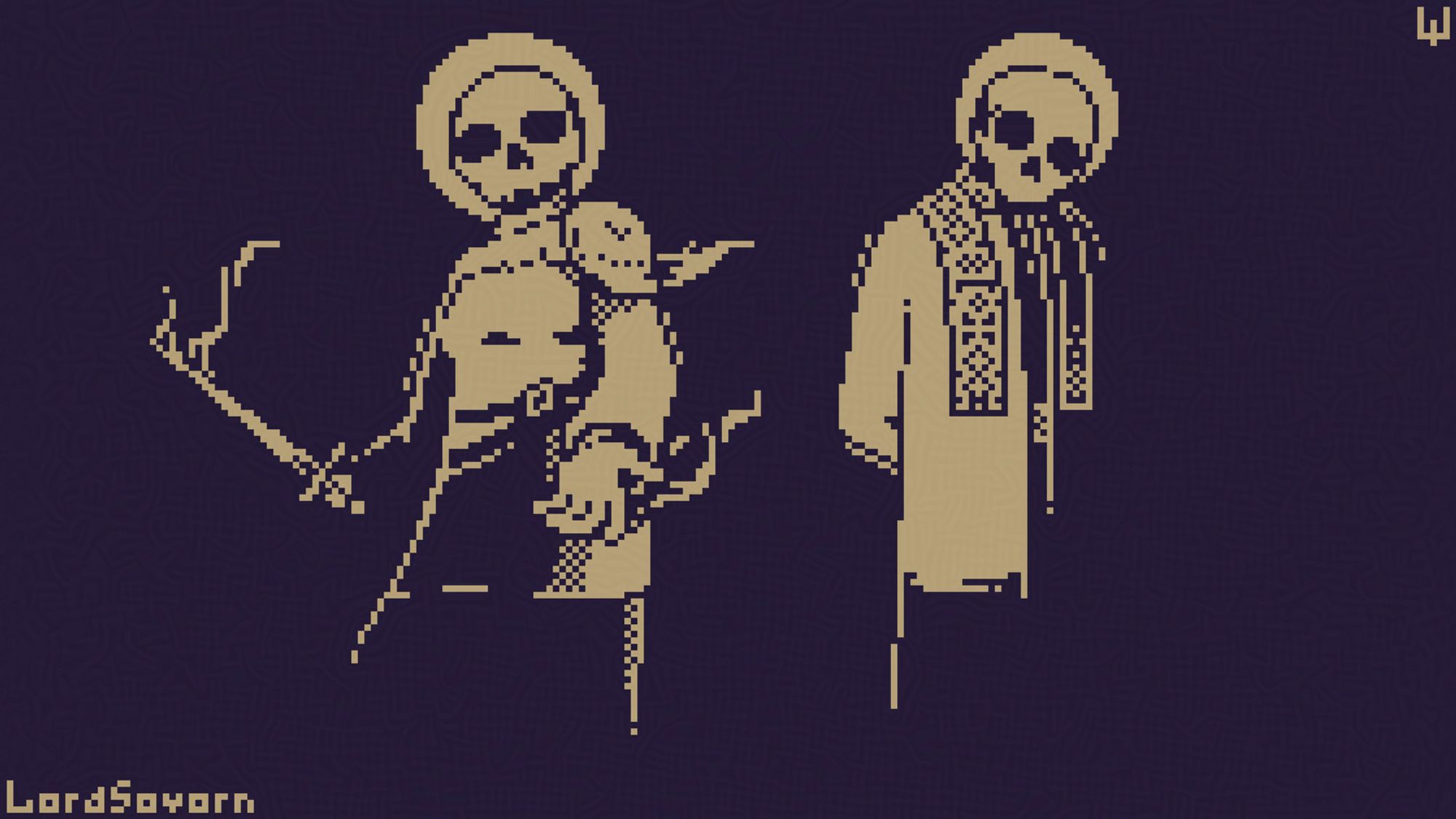 1-bit pixelart of two skull-headed figures with halos behind their heads. One is tilting his head to the side with arms behind his back, in some kind of decorated priestly attire (no headwear); another wears light armor, a flaming straight sword and reaches her hand down to you.